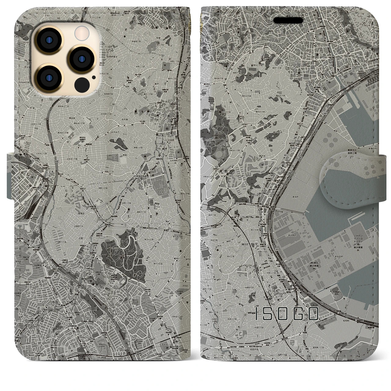 【磯子(神奈川県)】地図柄iPhoneケース(手帳タイプ)モノトーン・iPhone 12 Pro Max 用