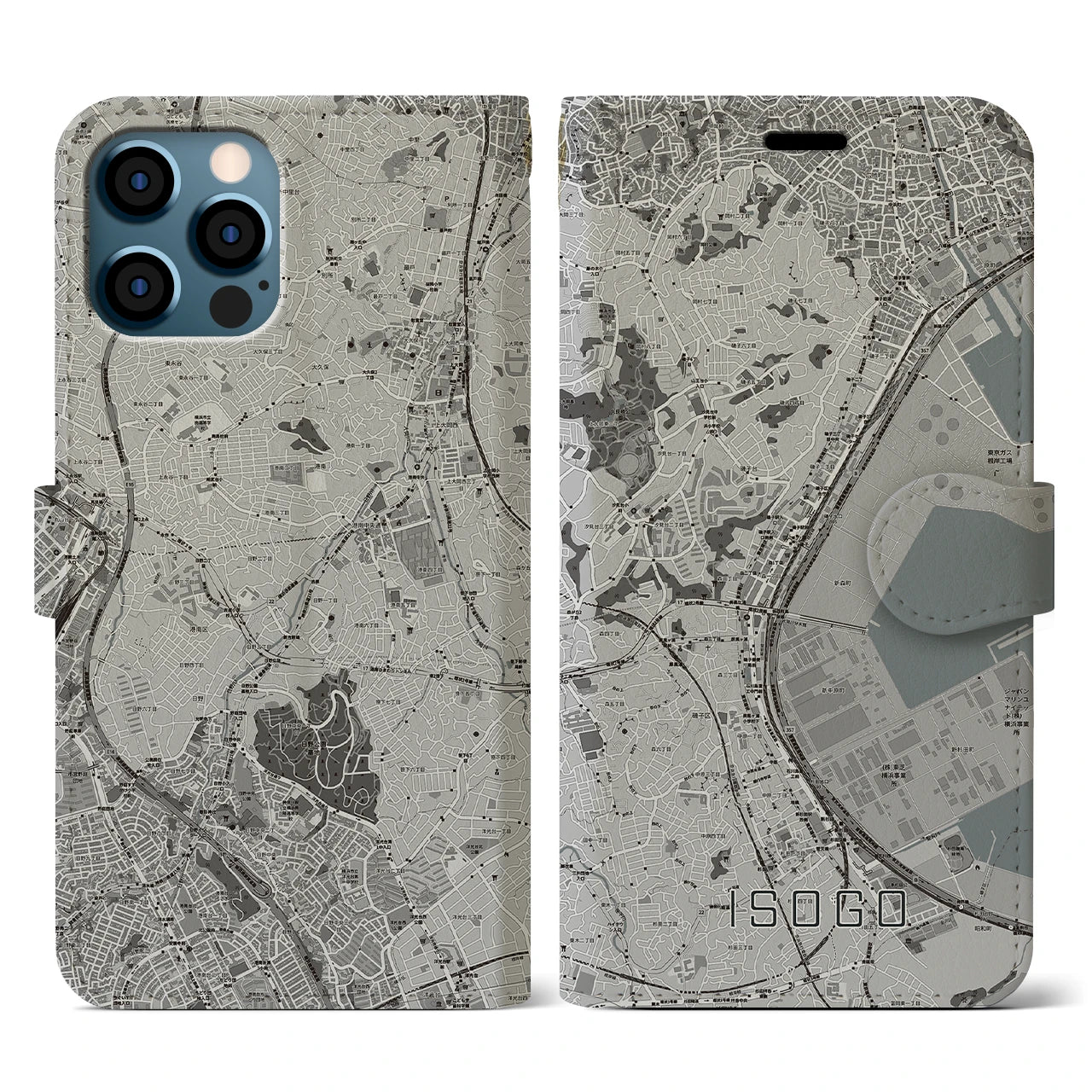 【磯子(神奈川県)】地図柄iPhoneケース(手帳タイプ)モノトーン・iPhone 12 / 12 Pro 用