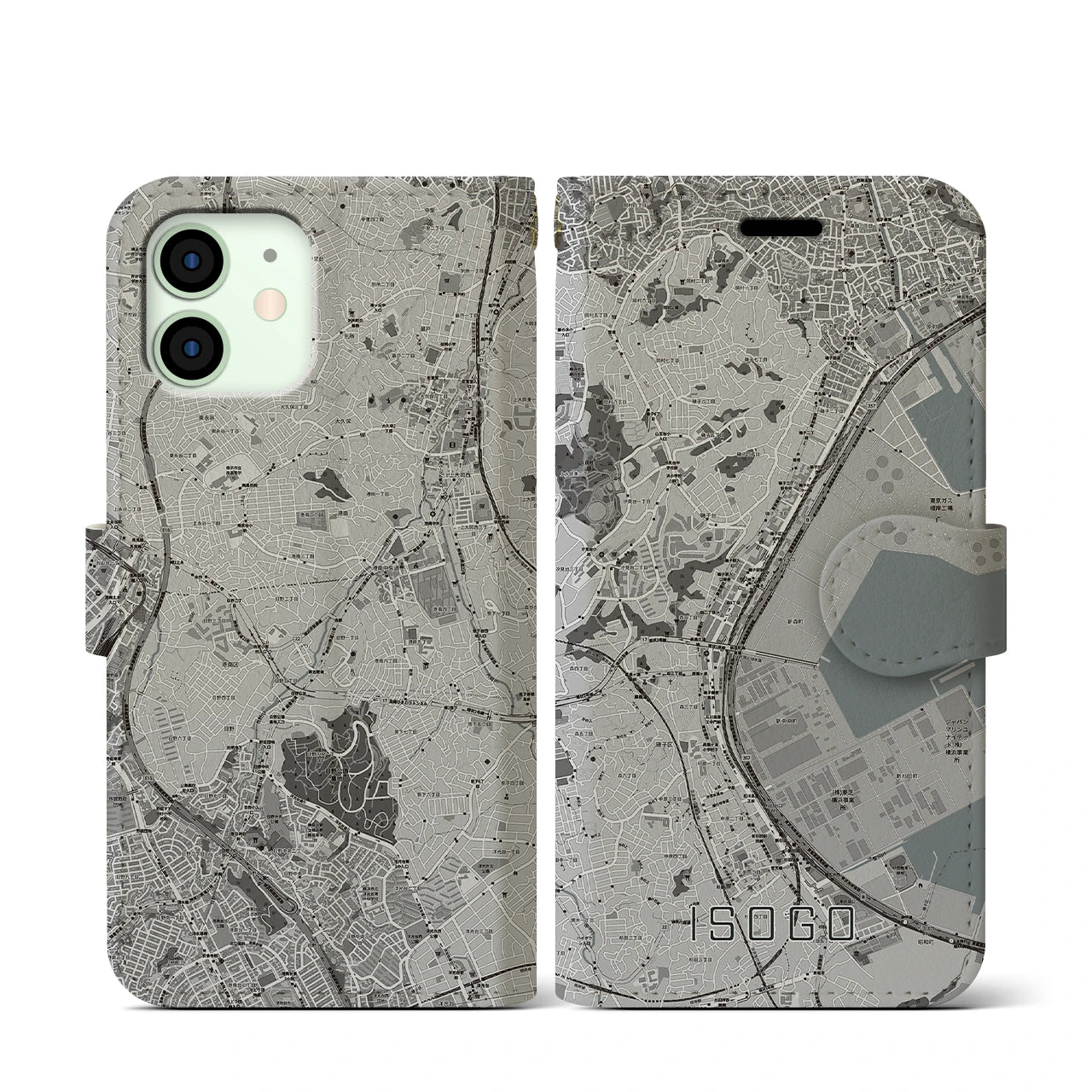 【磯子(神奈川県)】地図柄iPhoneケース(手帳タイプ)モノトーン・iPhone 12 mini 用