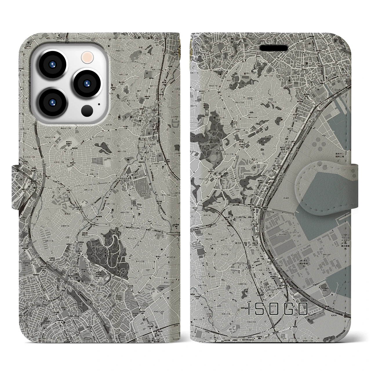【磯子(神奈川県)】地図柄iPhoneケース(手帳タイプ)モノトーン・iPhone 13 Pro 用