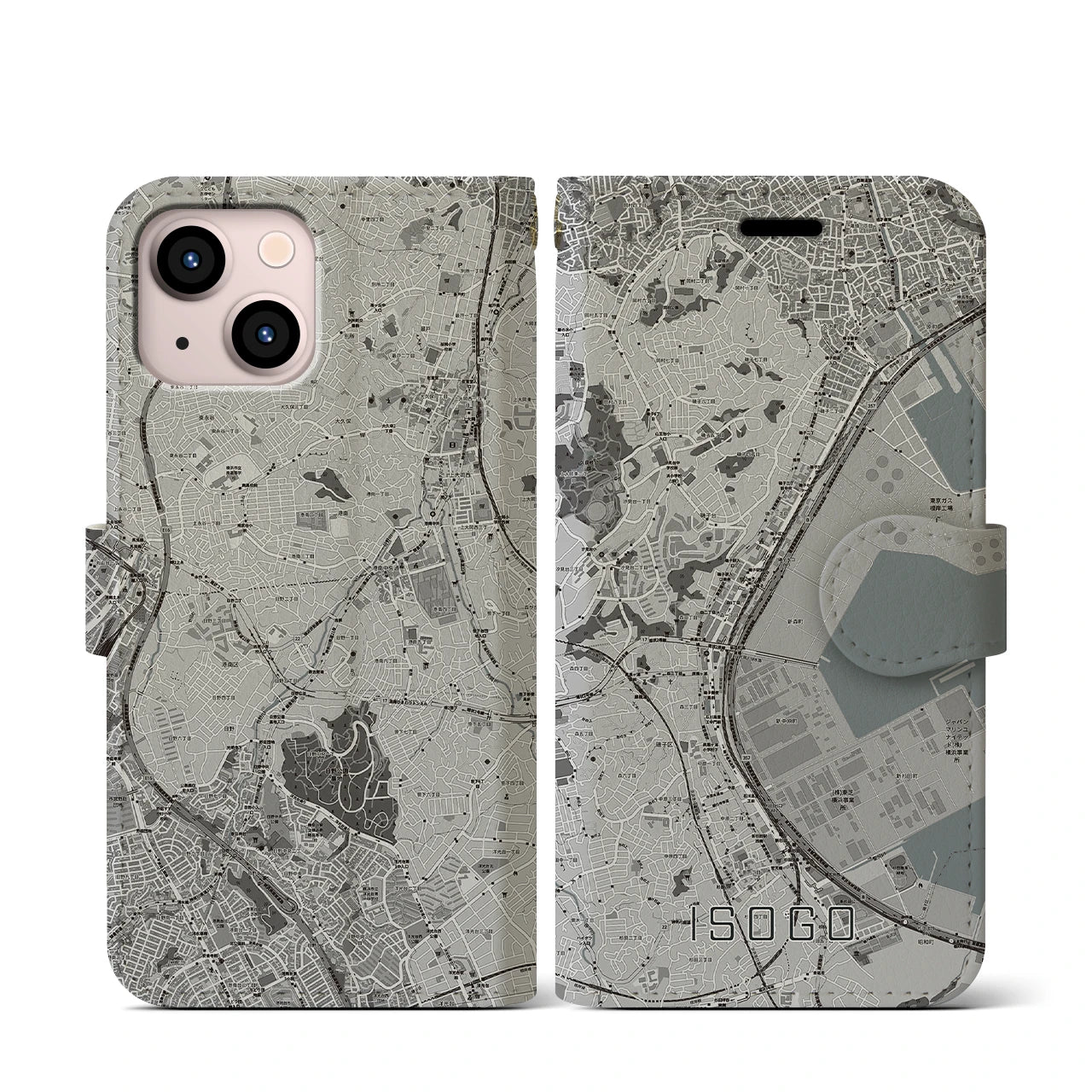 【磯子(神奈川県)】地図柄iPhoneケース(手帳タイプ)モノトーン・iPhone 13 mini 用
