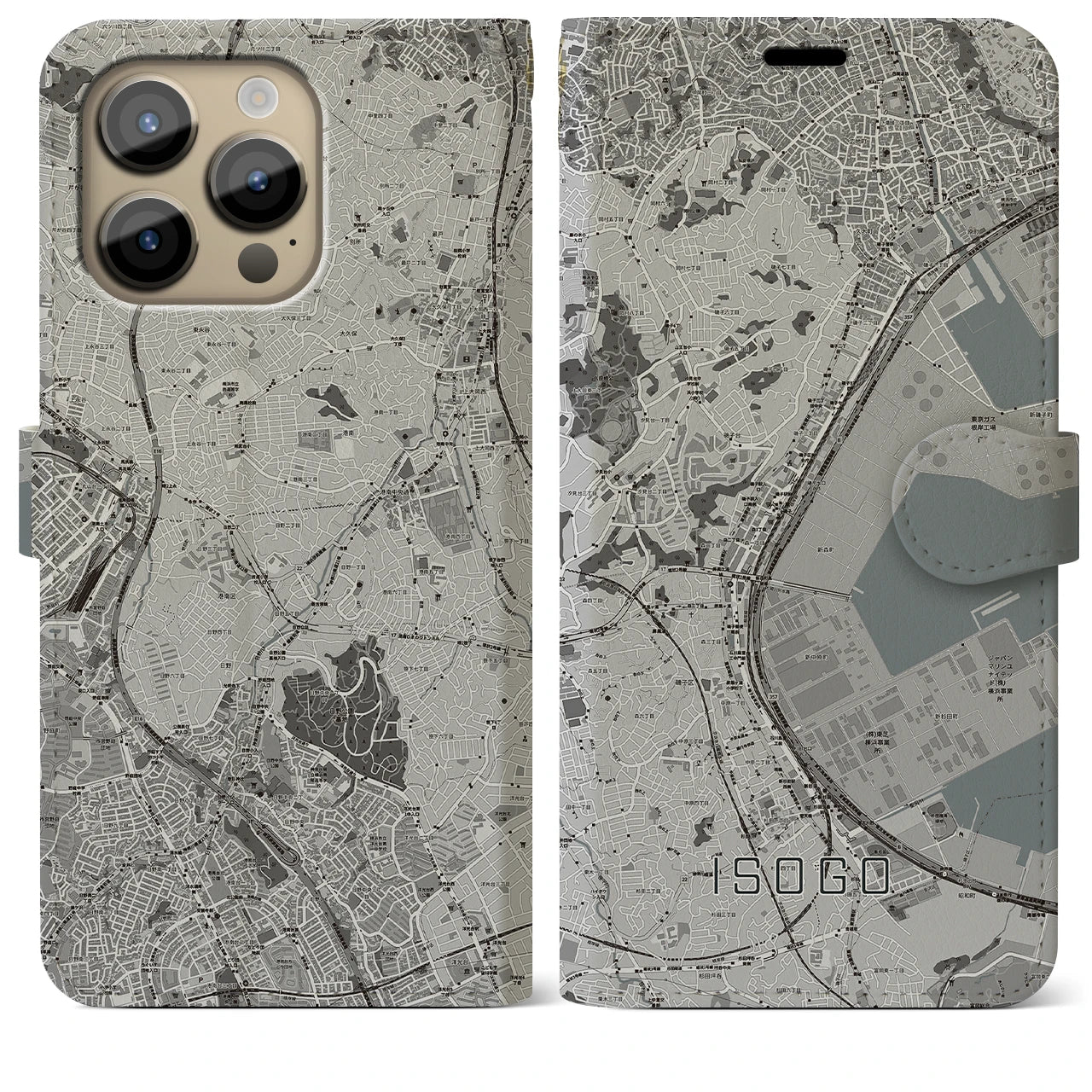 【磯子(神奈川県)】地図柄iPhoneケース(手帳タイプ)モノトーン・iPhone 14 Pro Max 用