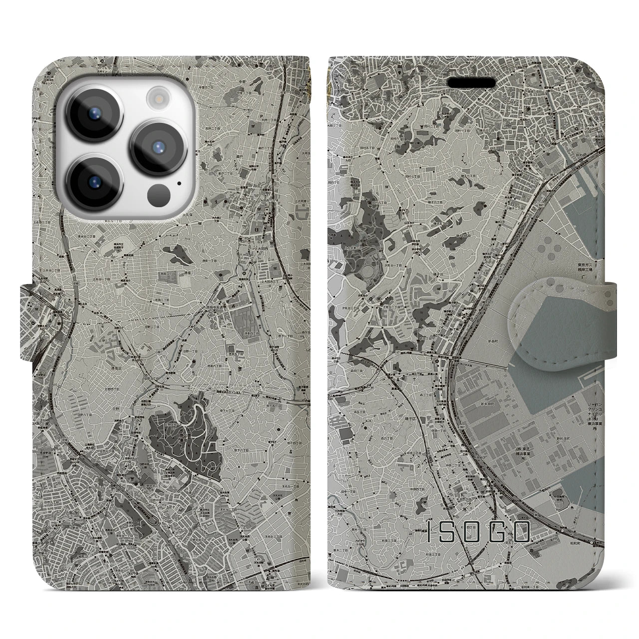 【磯子(神奈川県)】地図柄iPhoneケース(手帳タイプ)モノトーン・iPhone 14 Pro 用