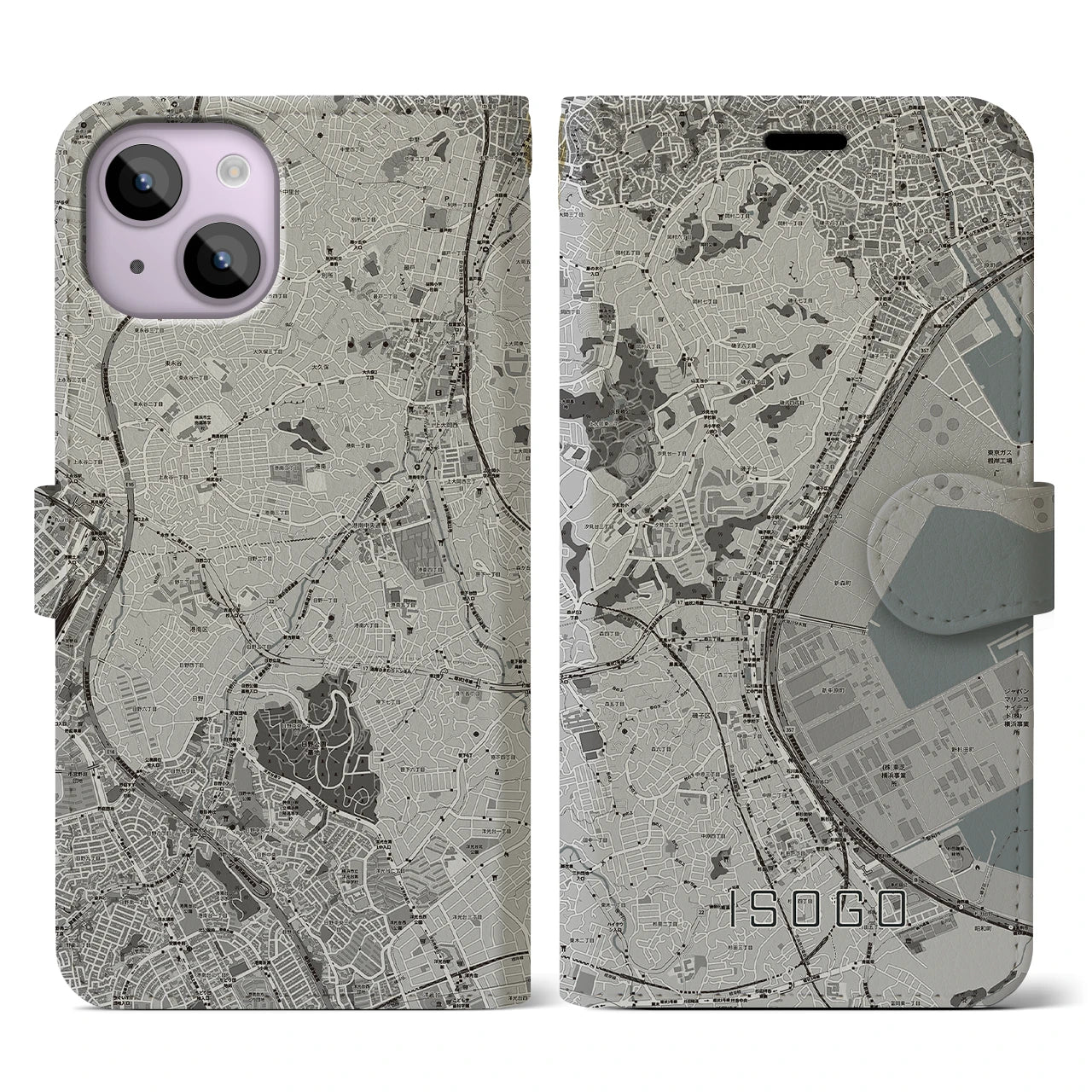 【磯子(神奈川県)】地図柄iPhoneケース(手帳タイプ)モノトーン・iPhone 14 用