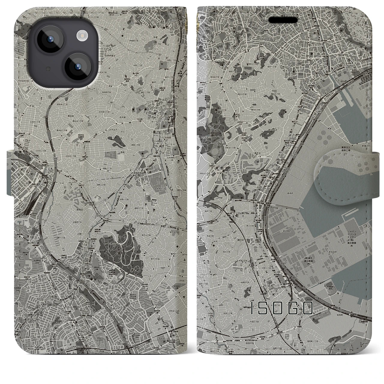 【磯子(神奈川県)】地図柄iPhoneケース(手帳タイプ)モノトーン・iPhone 14 Plus 用