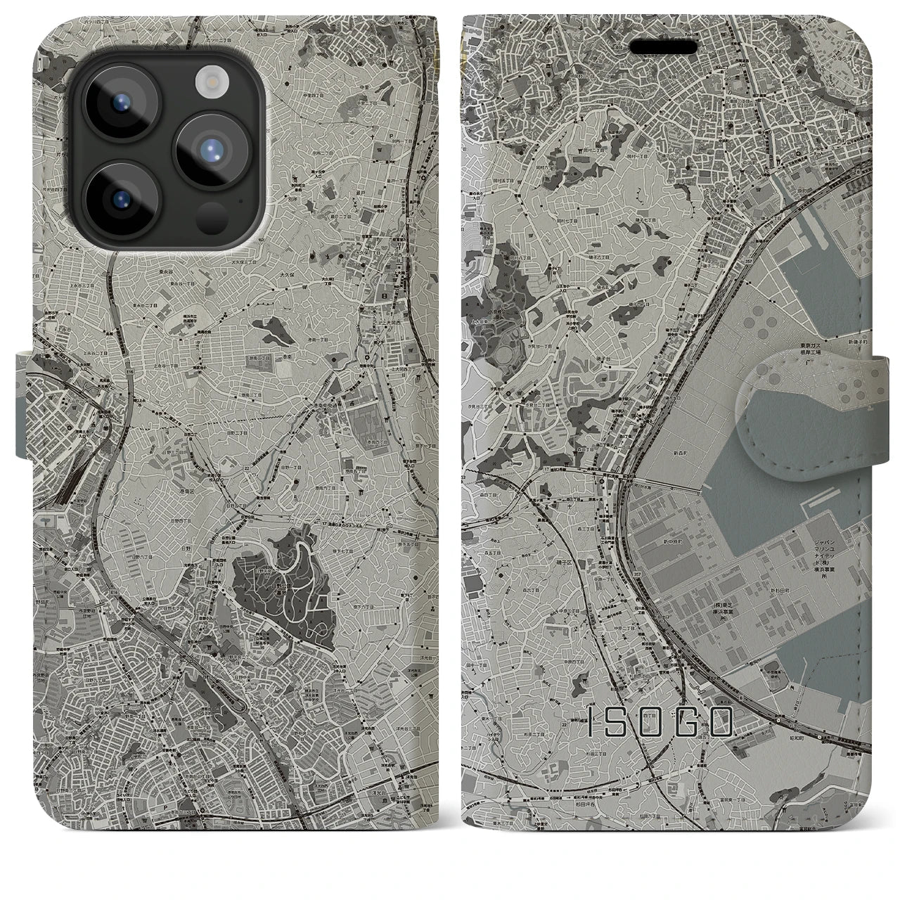 【磯子(神奈川県)】地図柄iPhoneケース(手帳タイプ)モノトーン・iPhone 15 Pro Max 用