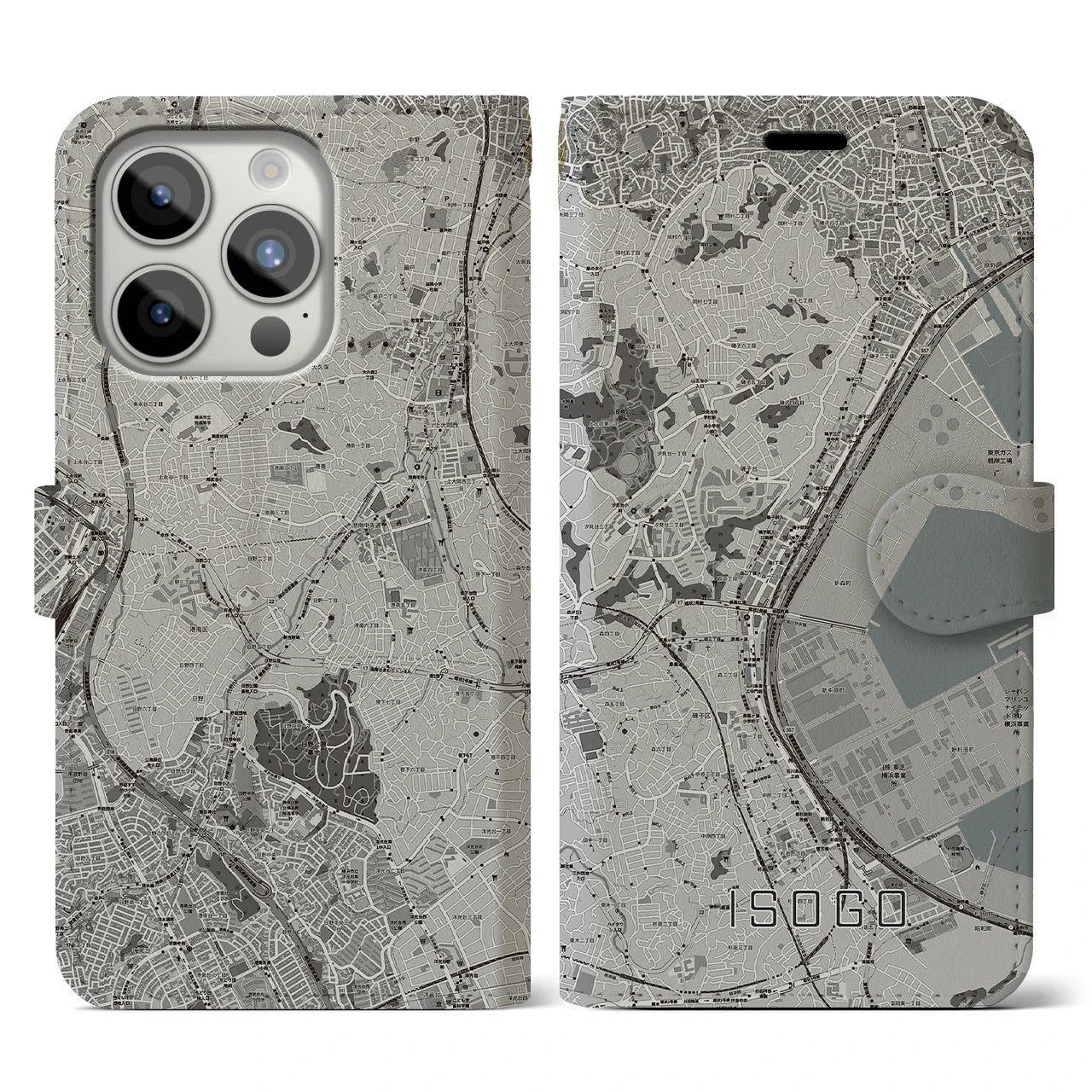 【磯子(神奈川県)】地図柄iPhoneケース(手帳タイプ)モノトーン・iPhone 15 Pro 用