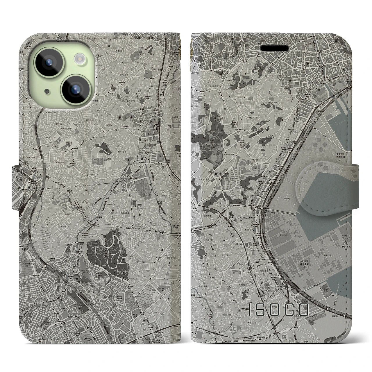 【磯子(神奈川県)】地図柄iPhoneケース(手帳タイプ)モノトーン・iPhone 15 用