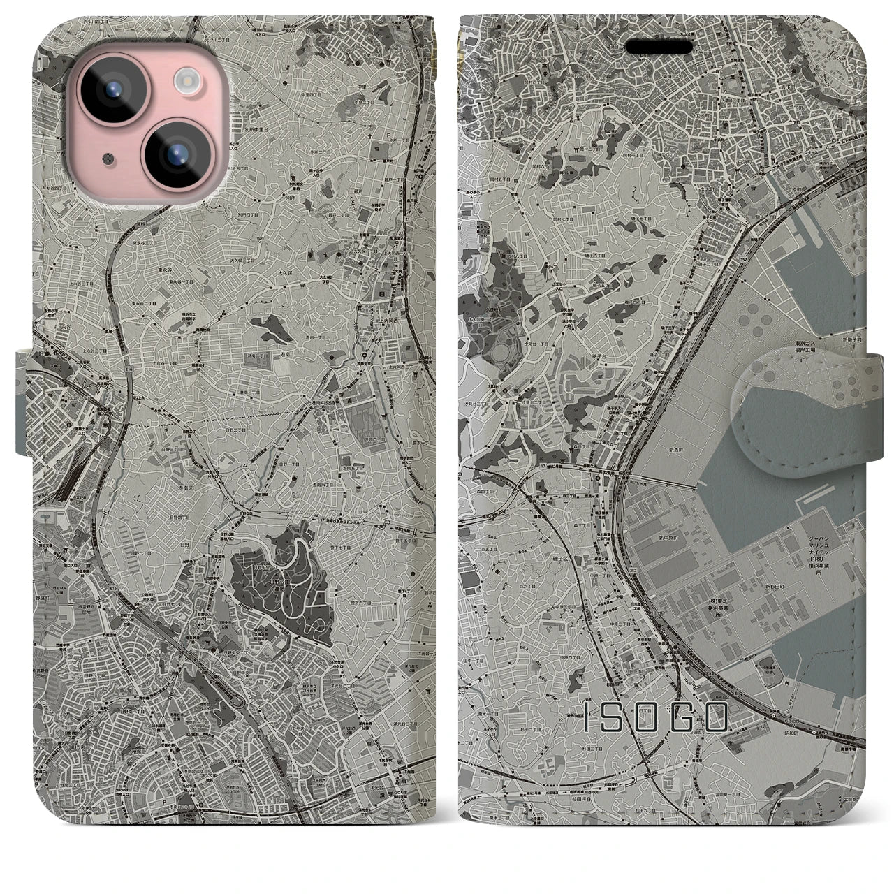 【磯子(神奈川県)】地図柄iPhoneケース(手帳タイプ)モノトーン・iPhone 15 Plus 用
