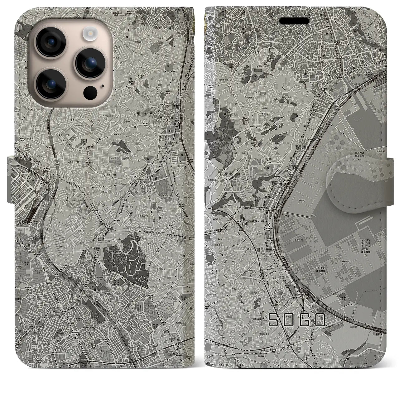【磯子(神奈川県)】地図柄iPhoneケース(手帳タイプ)モノトーン・iPhone 16 Plus 用