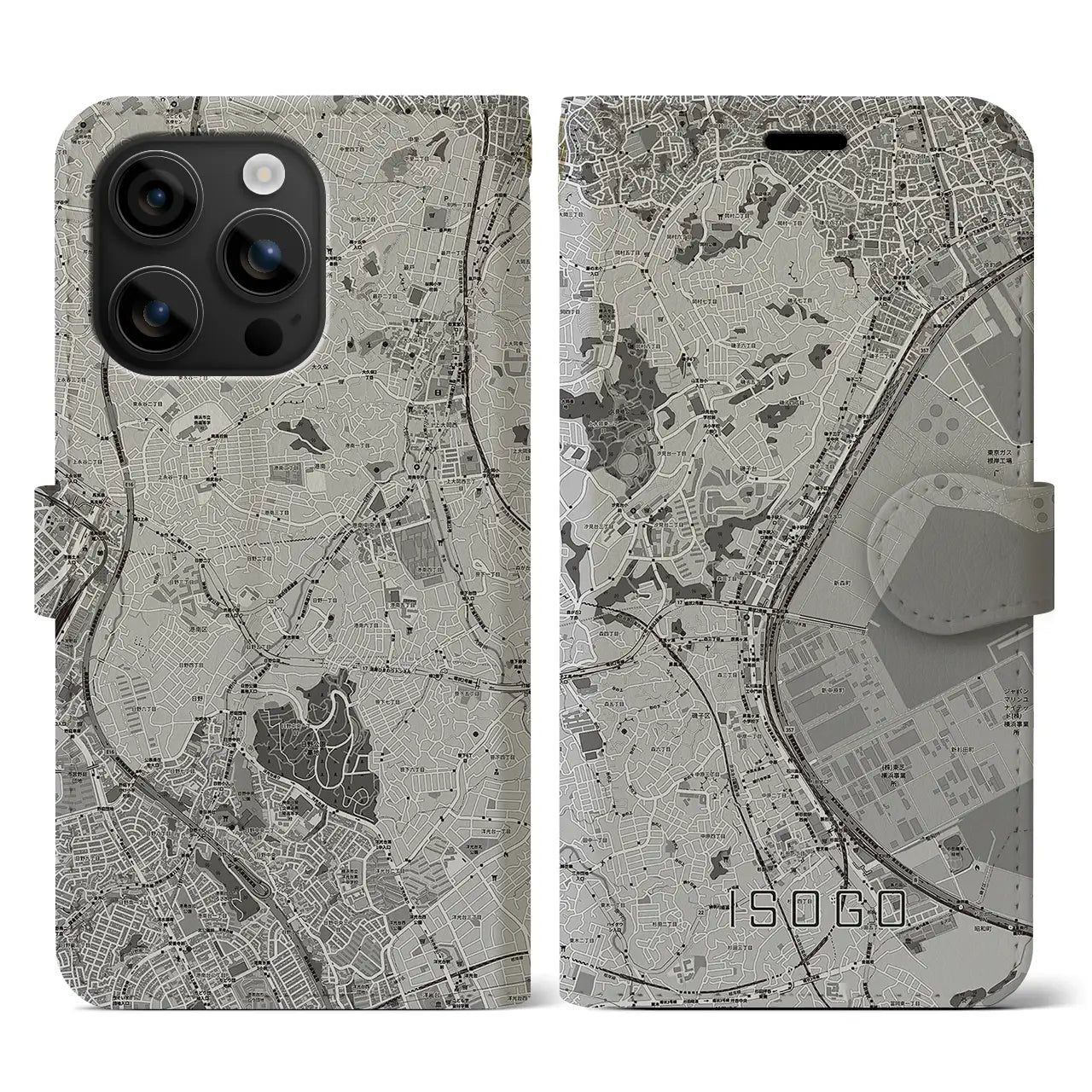 【磯子(神奈川県)】地図柄iPhoneケース(手帳タイプ)モノトーン・iPhone 16 用