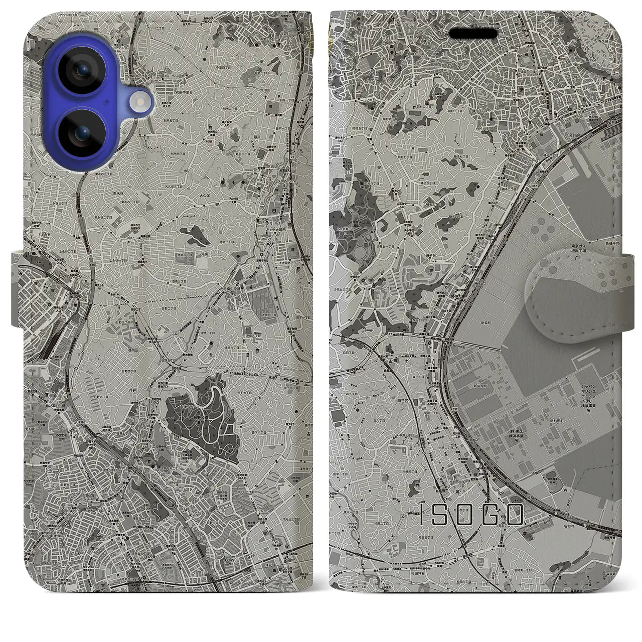 【磯子(神奈川県)】地図柄iPhoneケース(手帳タイプ)モノトーン・iPhone 16 Pro Max 用