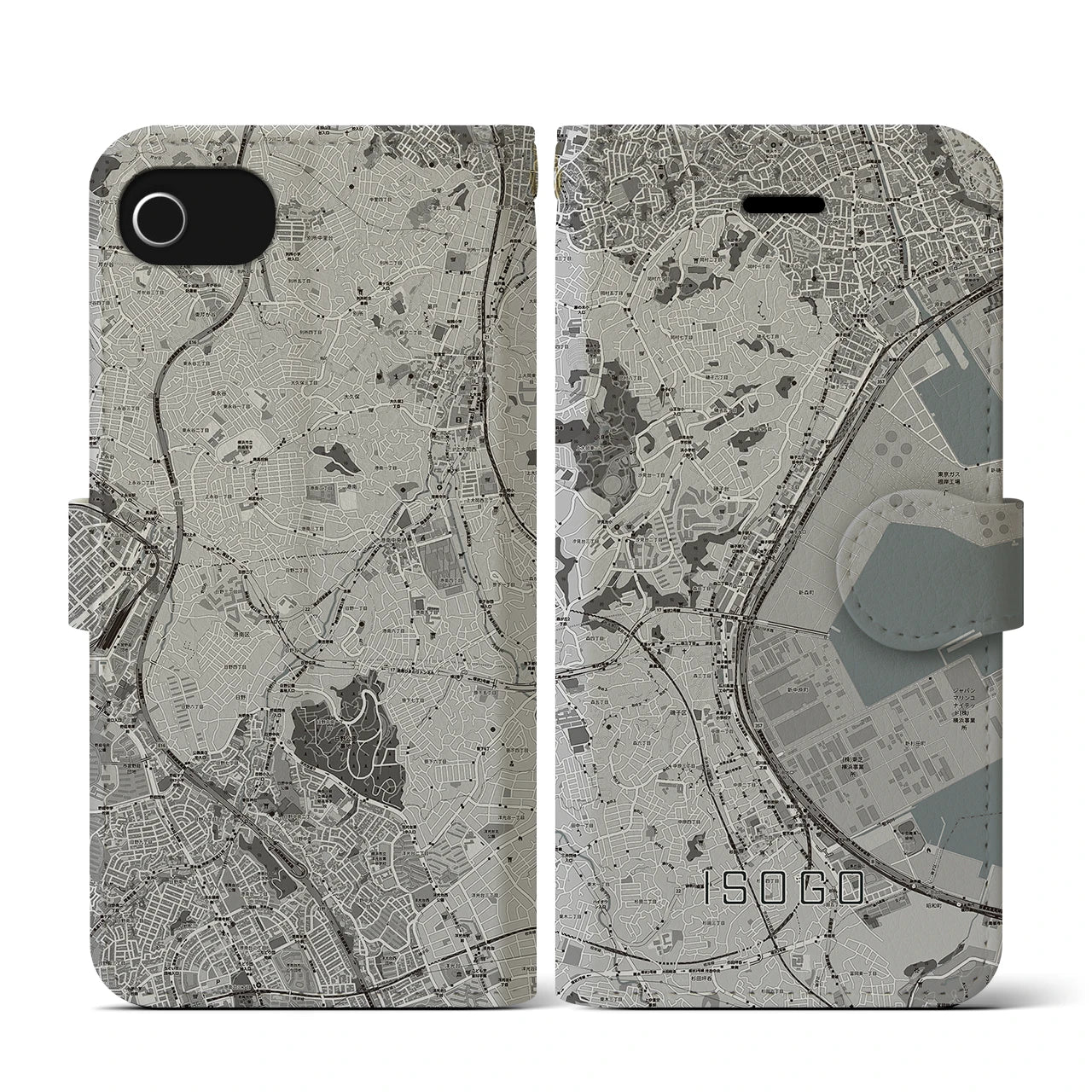 【磯子(神奈川県)】地図柄iPhoneケース(手帳タイプ)モノトーン・iPhone SE(第3 / 第2世代) / 8 / 7 / 6s / 6 用