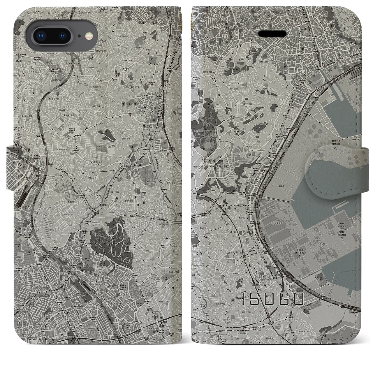 【磯子(神奈川県)】地図柄iPhoneケース(手帳タイプ)モノトーン・iPhone 8Plus /7Plus / 6sPlus / 6Plus 用