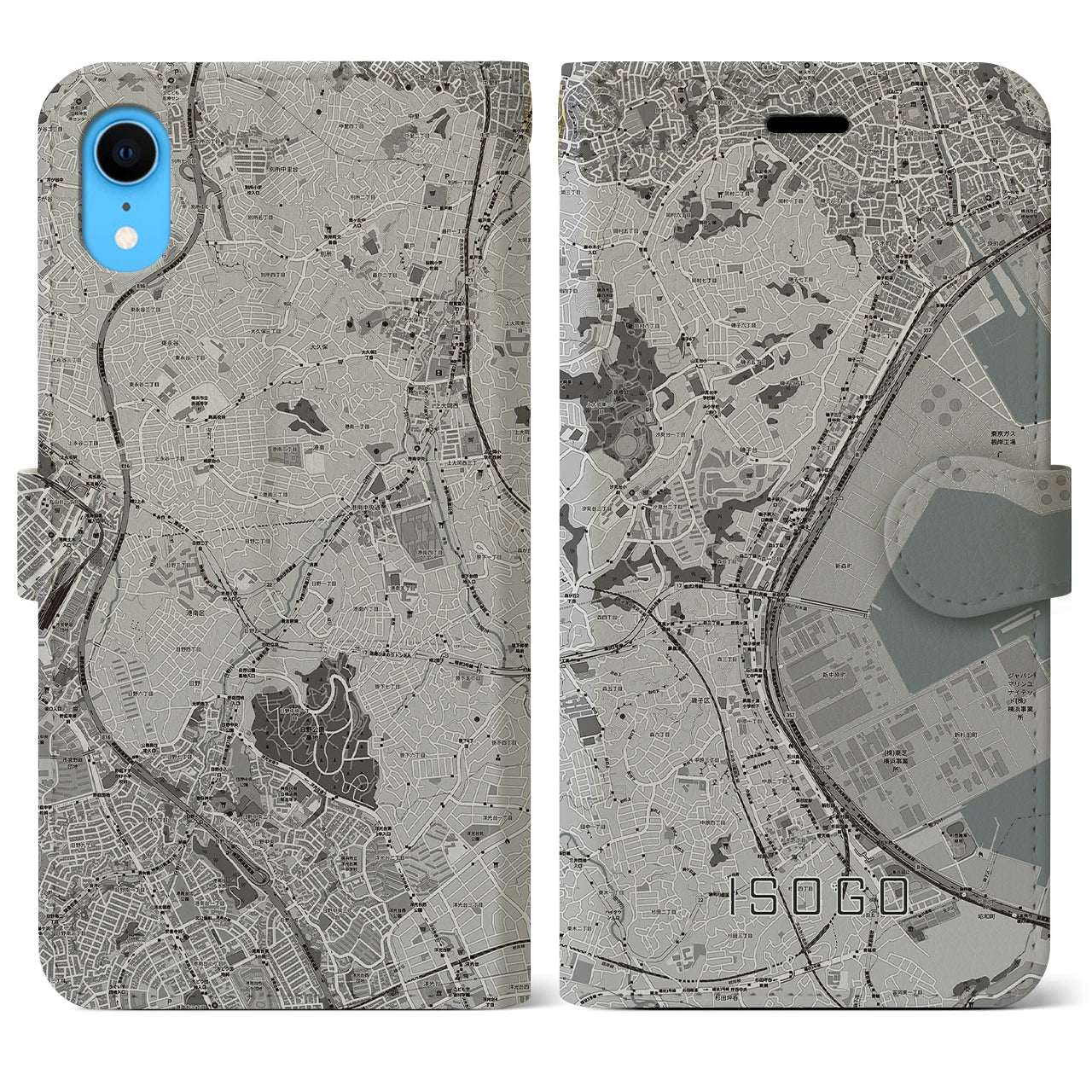 【磯子(神奈川県)】地図柄iPhoneケース(手帳タイプ)モノトーン・iPhone XR 用