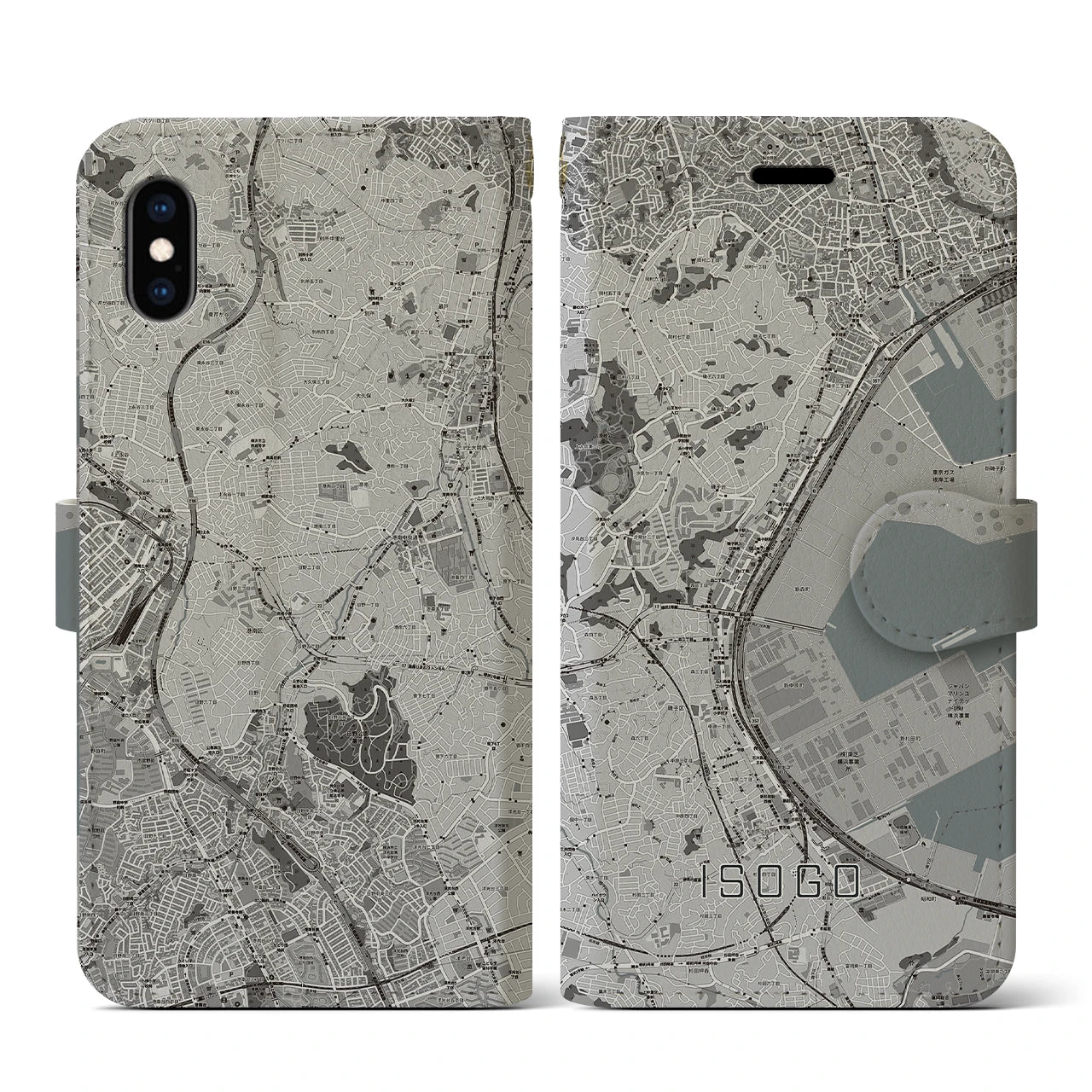 【磯子(神奈川県)】地図柄iPhoneケース(手帳タイプ)モノトーン・iPhone XS / X 用