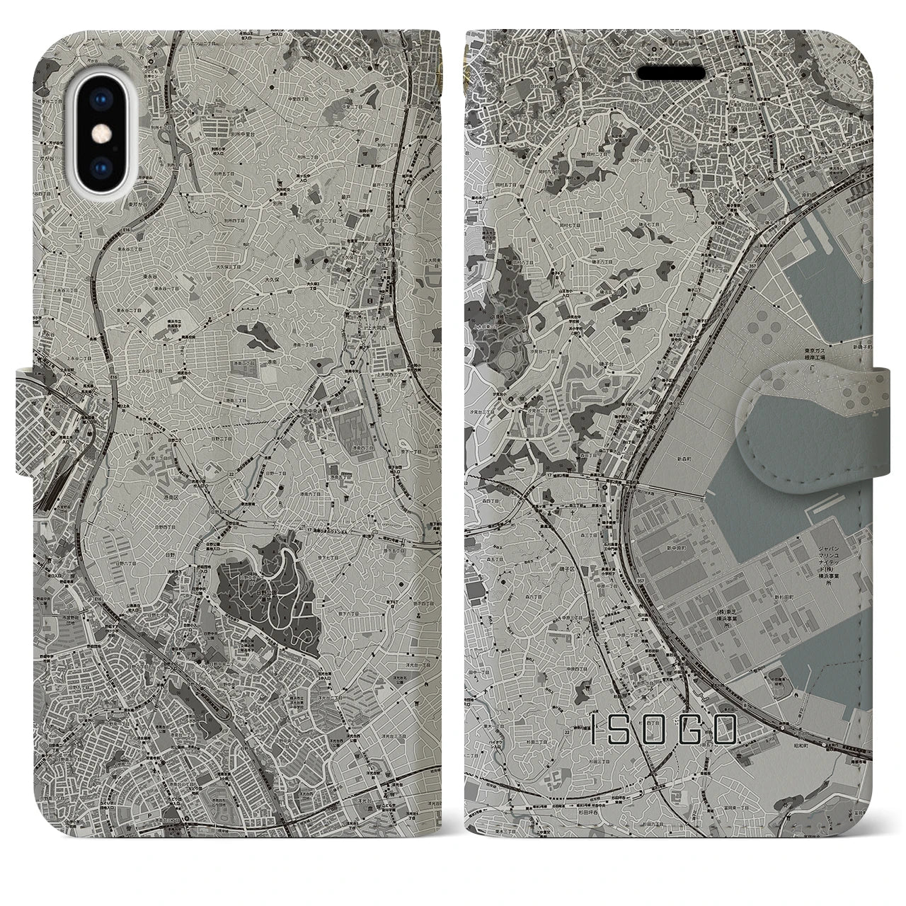 【磯子(神奈川県)】地図柄iPhoneケース(手帳タイプ)モノトーン・iPhone XS Max 用