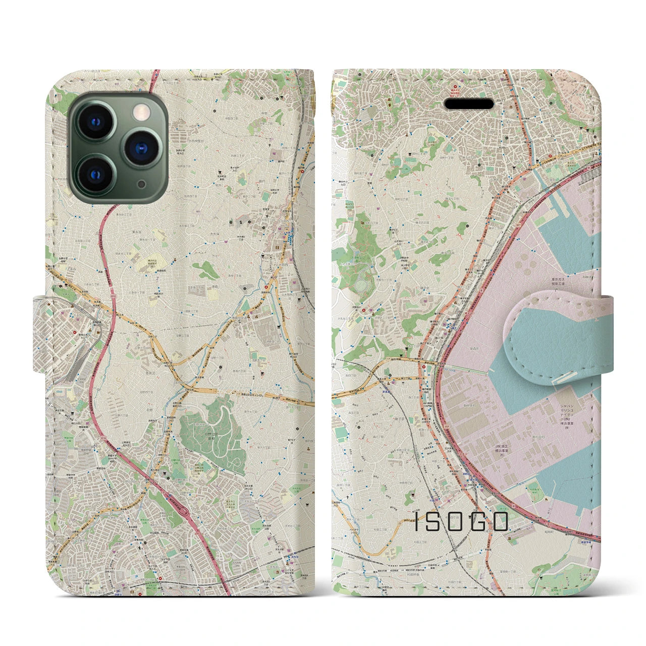 【磯子(神奈川県)】地図柄iPhoneケース(手帳タイプ)ナチュラル・iPhone 11 Pro 用
