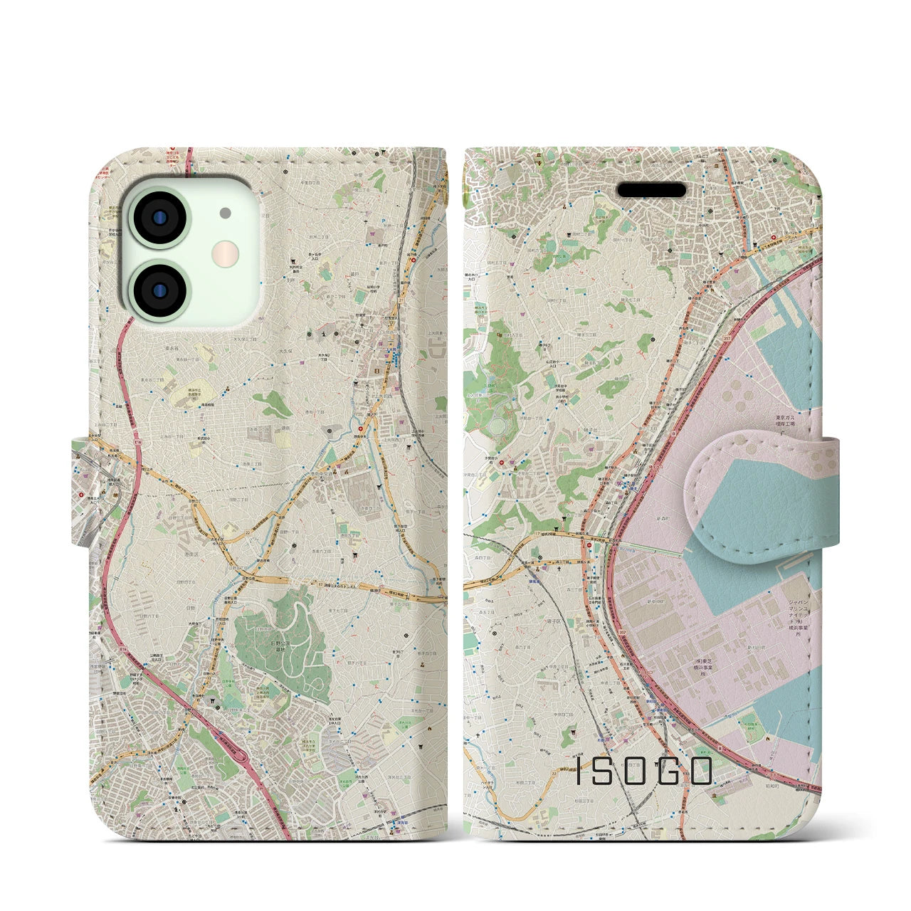 【磯子(神奈川県)】地図柄iPhoneケース(手帳タイプ)ナチュラル・iPhone 12 mini 用