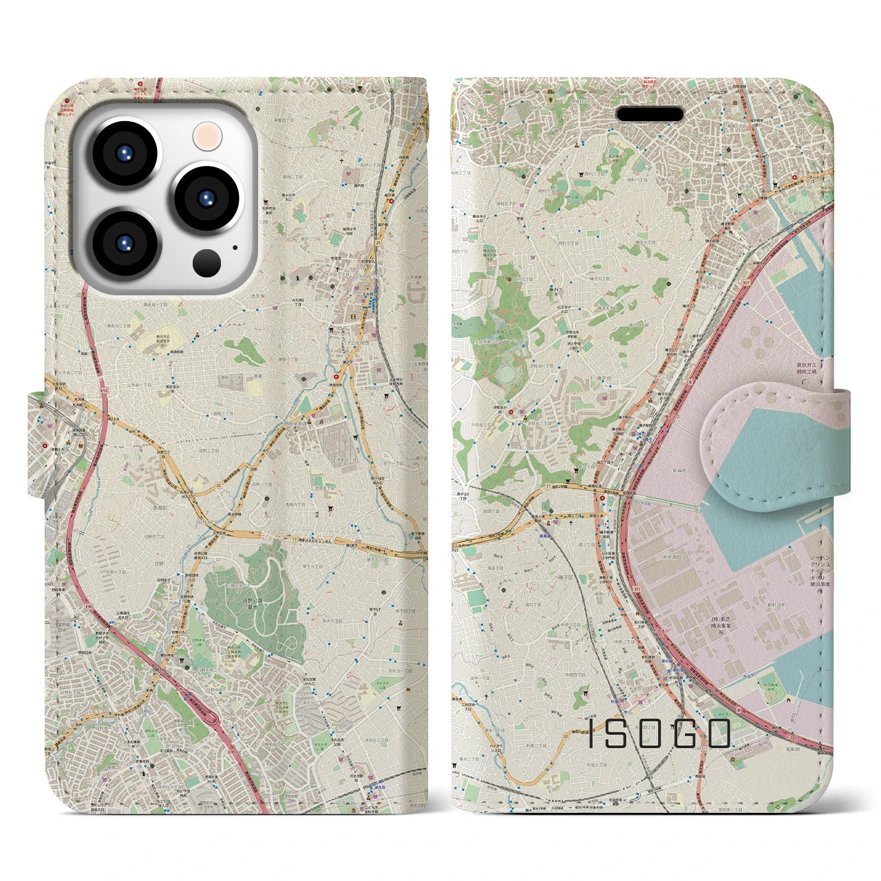 【磯子(神奈川県)】地図柄iPhoneケース(手帳タイプ)ナチュラル・iPhone 13 Pro 用