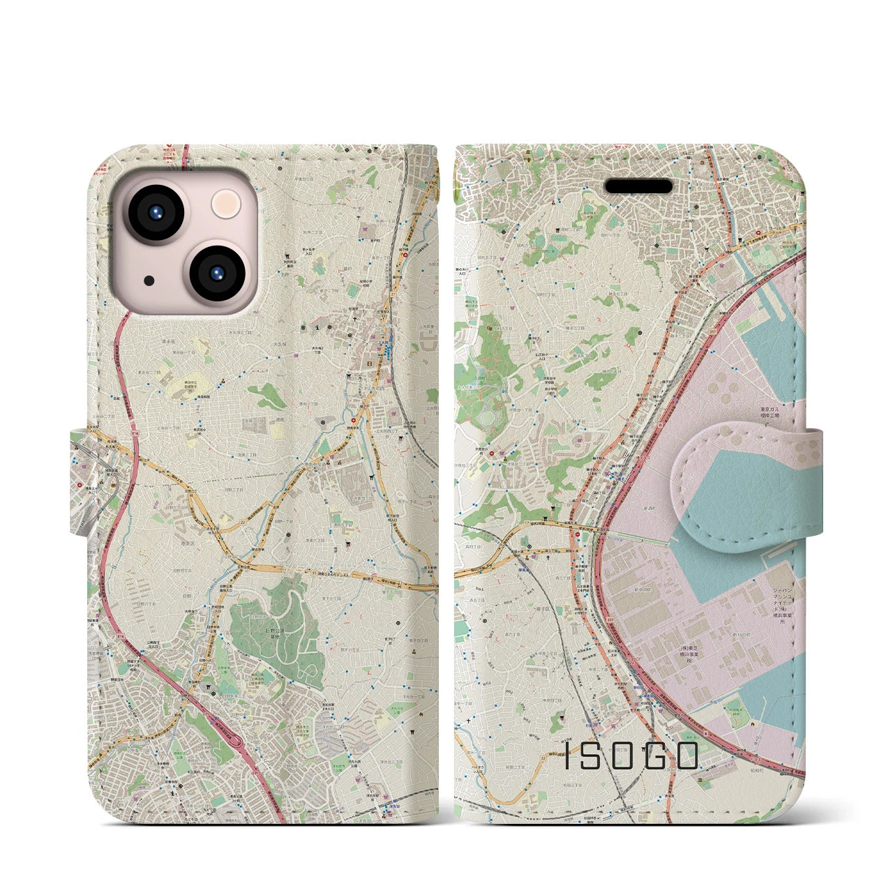 【磯子(神奈川県)】地図柄iPhoneケース(手帳タイプ)ナチュラル・iPhone 13 mini 用