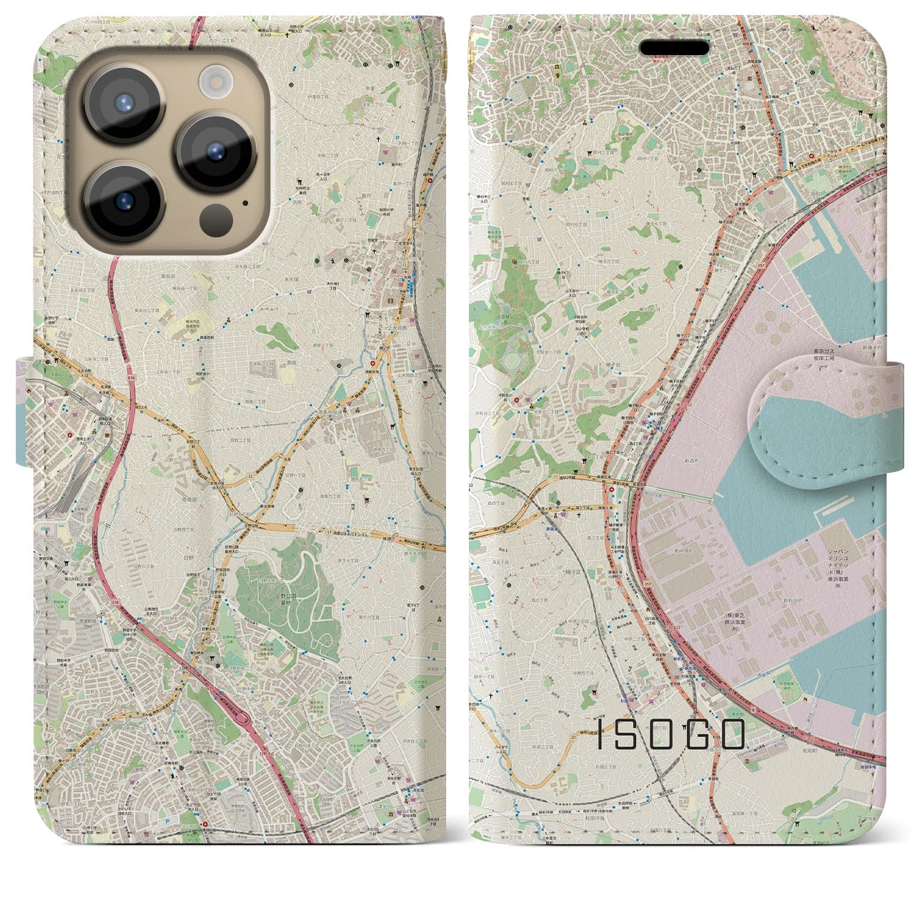 【磯子(神奈川県)】地図柄iPhoneケース(手帳タイプ)ナチュラル・iPhone 14 Pro Max 用