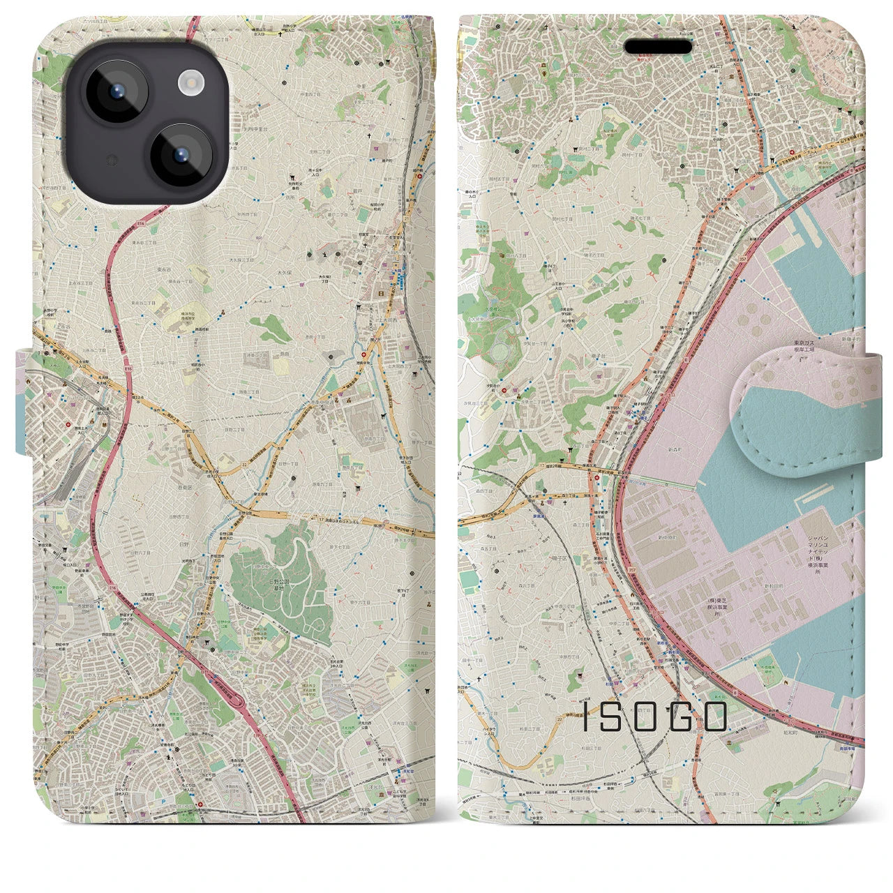 【磯子(神奈川県)】地図柄iPhoneケース(手帳タイプ)ナチュラル・iPhone 14 Plus 用