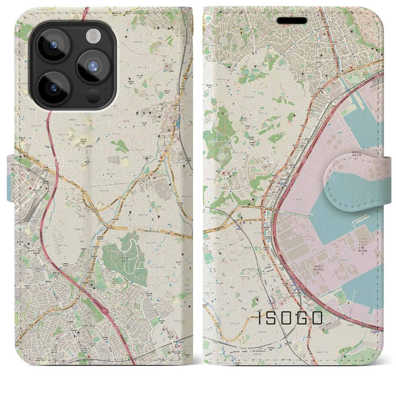 【磯子(神奈川県)】地図柄iPhoneケース(手帳タイプ)ナチュラル・iPhone 15 Pro Max 用