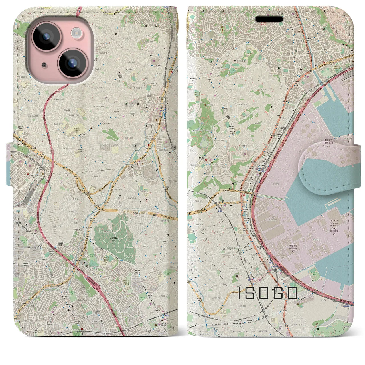 【磯子(神奈川県)】地図柄iPhoneケース(手帳タイプ)ナチュラル・iPhone 15 Plus 用