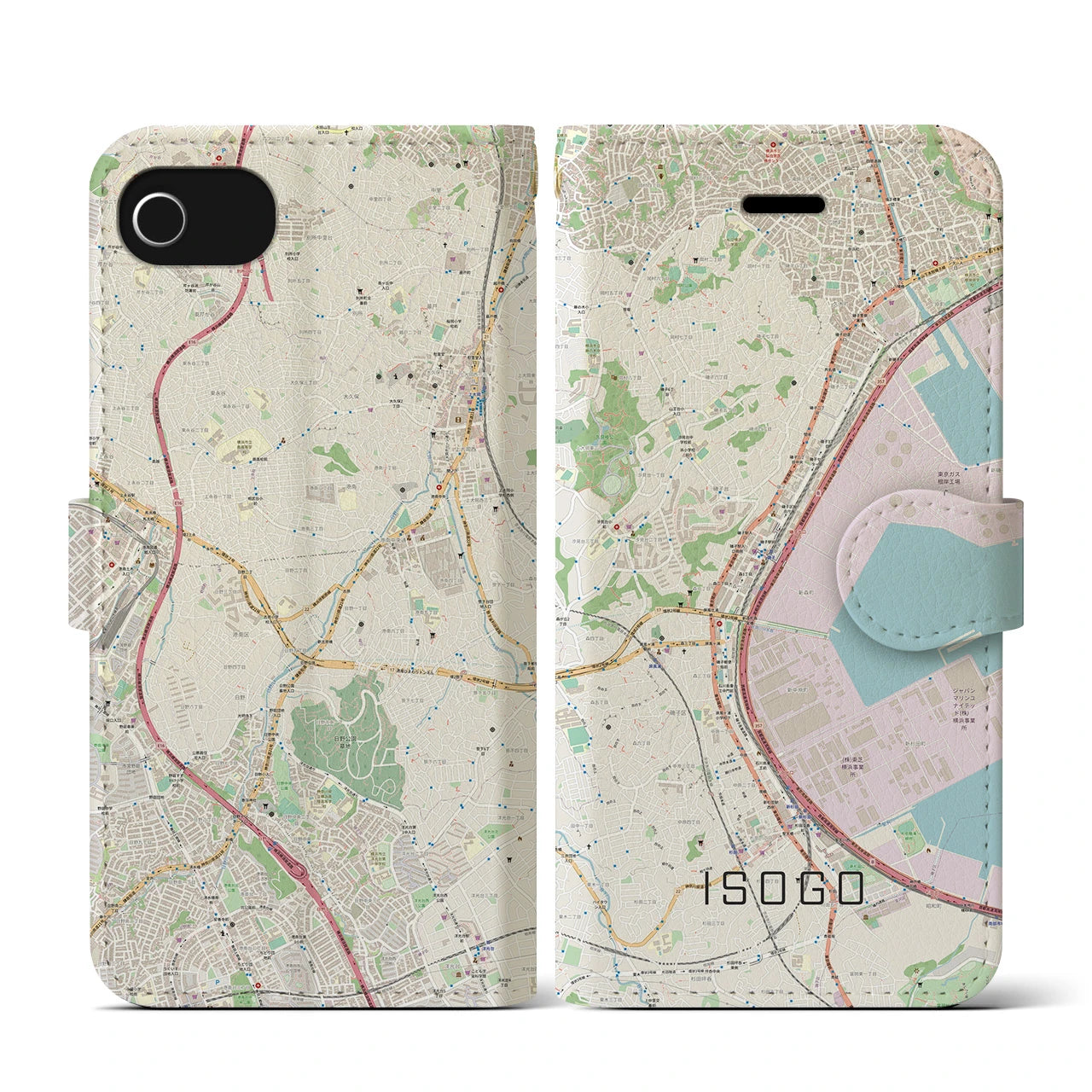【磯子(神奈川県)】地図柄iPhoneケース(手帳タイプ)ナチュラル・iPhone SE(第3 / 第2世代) / 8 / 7 / 6s / 6 用