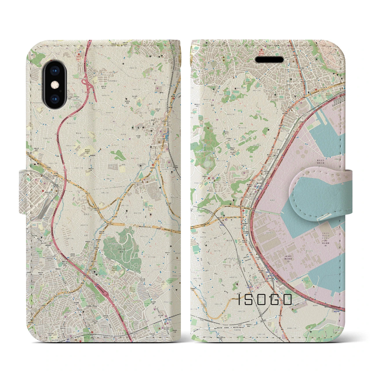 【磯子(神奈川県)】地図柄iPhoneケース(手帳タイプ)ナチュラル・iPhone XS / X 用