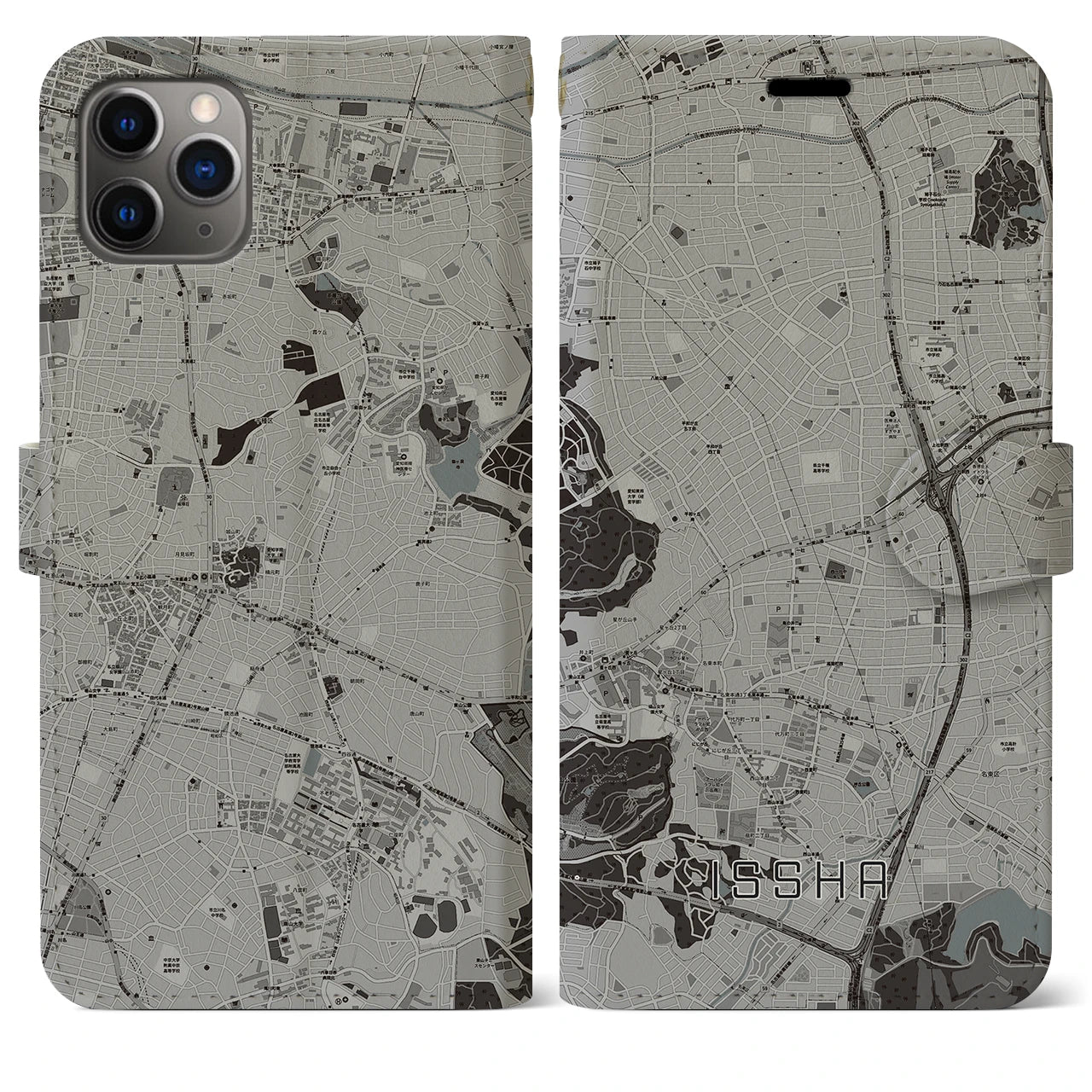 【一社(愛知県)】地図柄iPhoneケース(手帳タイプ)モノトーン・iPhone 11 Pro Max 用