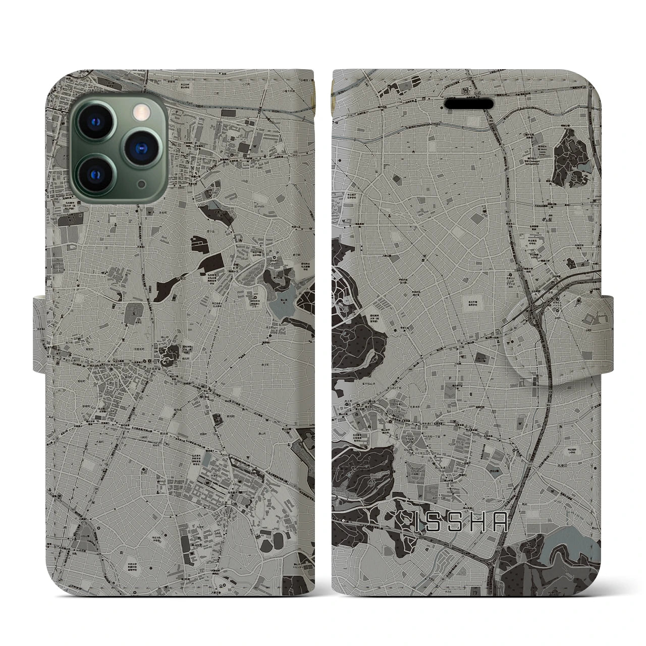 【一社(愛知県)】地図柄iPhoneケース(手帳タイプ)モノトーン・iPhone 11 Pro 用