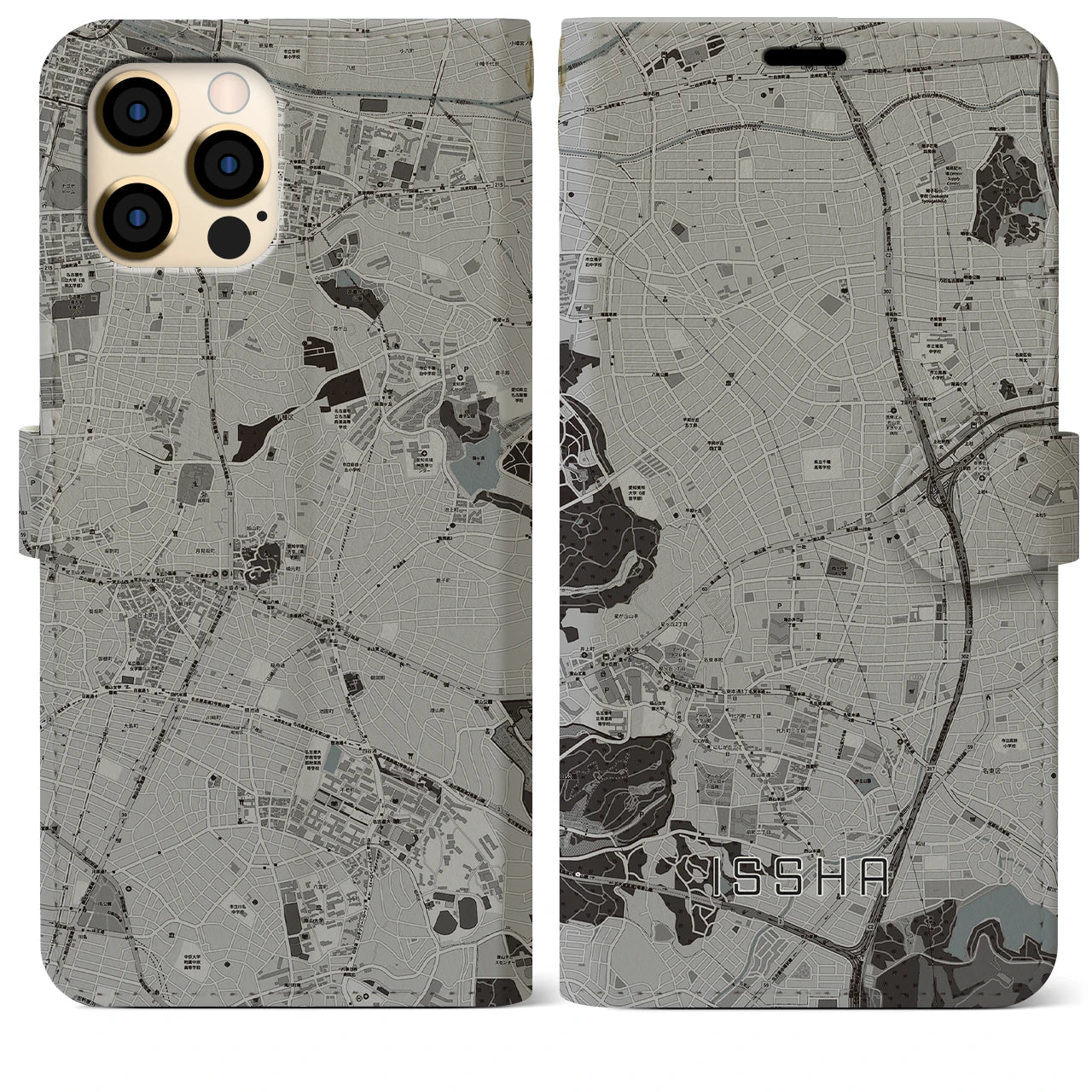 【一社(愛知県)】地図柄iPhoneケース(手帳タイプ)モノトーン・iPhone 12 Pro Max 用