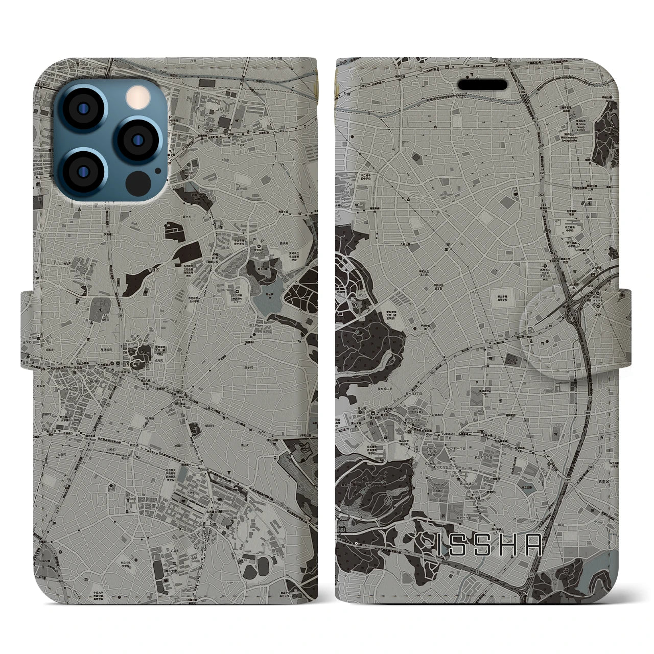 【一社(愛知県)】地図柄iPhoneケース(手帳タイプ)モノトーン・iPhone 12 / 12 Pro 用