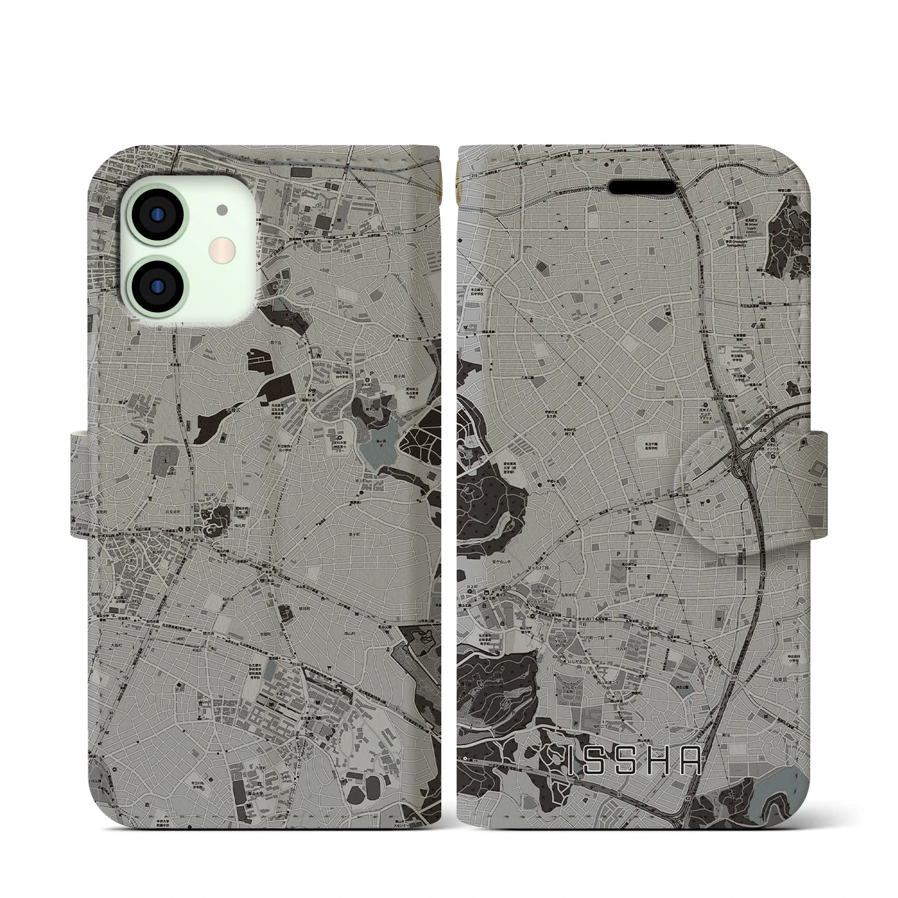 【一社(愛知県)】地図柄iPhoneケース(手帳タイプ)モノトーン・iPhone 12 mini 用