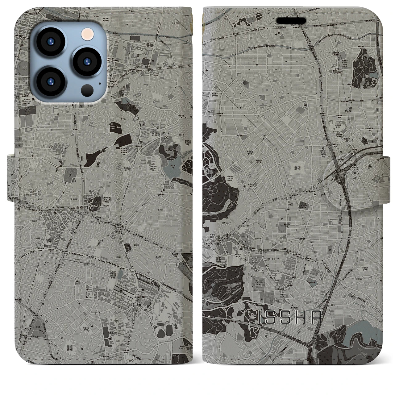 【一社(愛知県)】地図柄iPhoneケース(手帳タイプ)モノトーン・iPhone 13 Pro Max 用