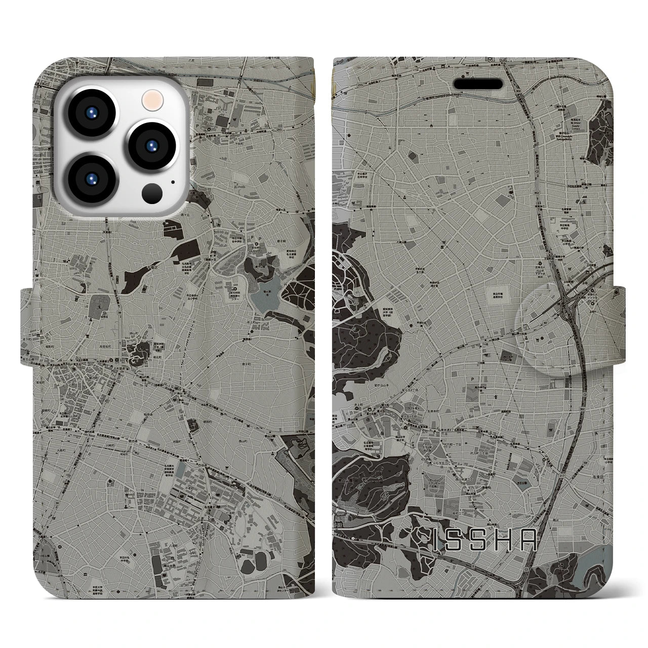 【一社(愛知県)】地図柄iPhoneケース(手帳タイプ)モノトーン・iPhone 13 Pro 用