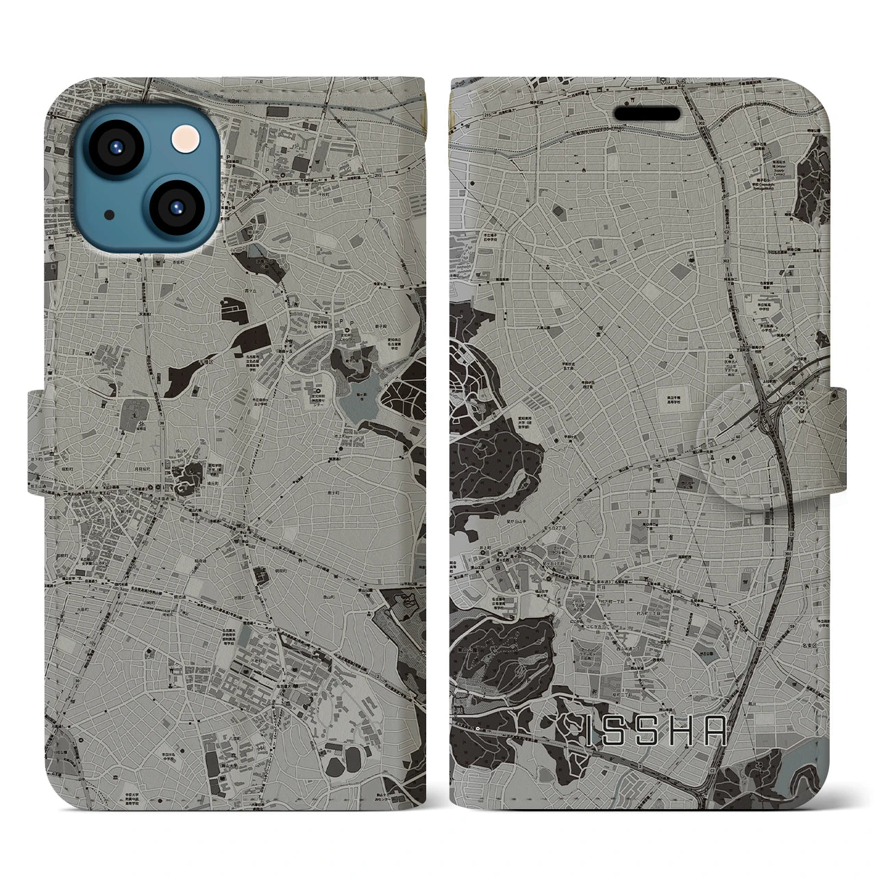 【一社(愛知県)】地図柄iPhoneケース(手帳タイプ)モノトーン・iPhone 13 用