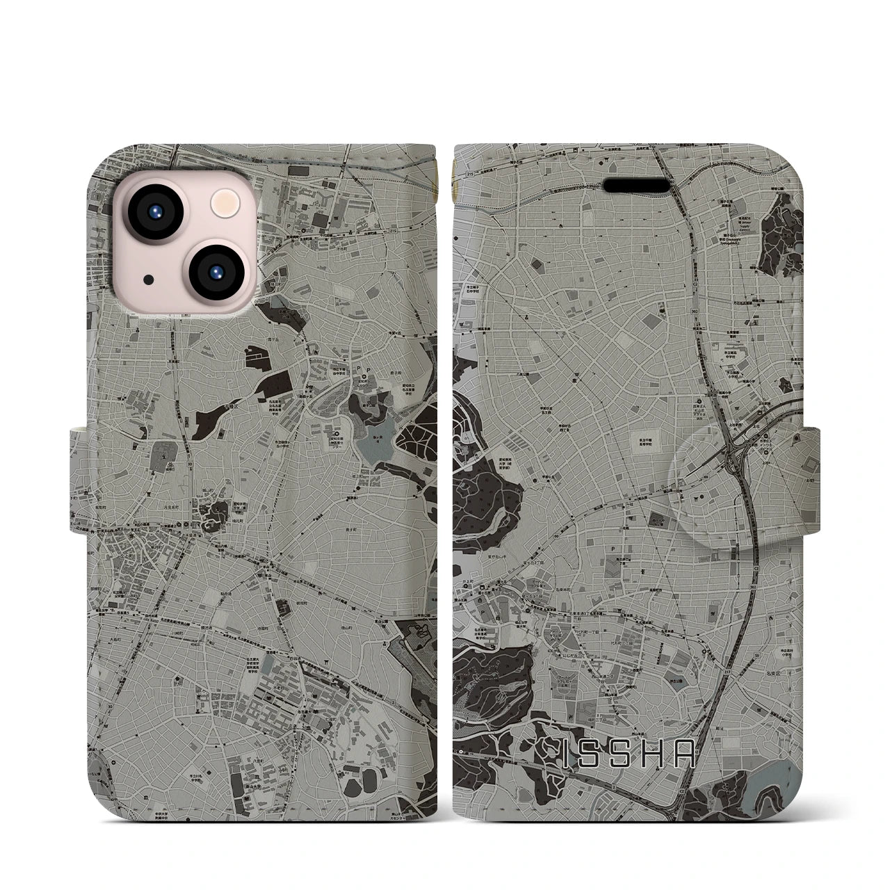 【一社(愛知県)】地図柄iPhoneケース(手帳タイプ)モノトーン・iPhone 13 mini 用