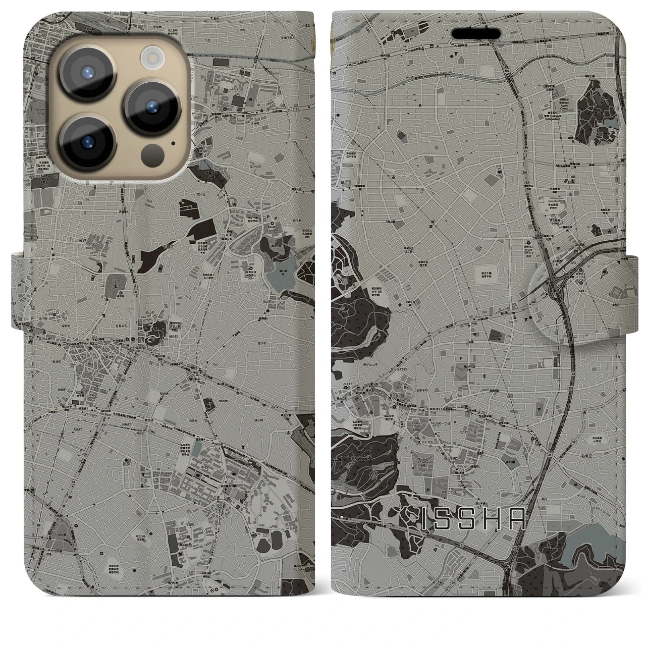 【一社(愛知県)】地図柄iPhoneケース(手帳タイプ)モノトーン・iPhone 14 Pro Max 用