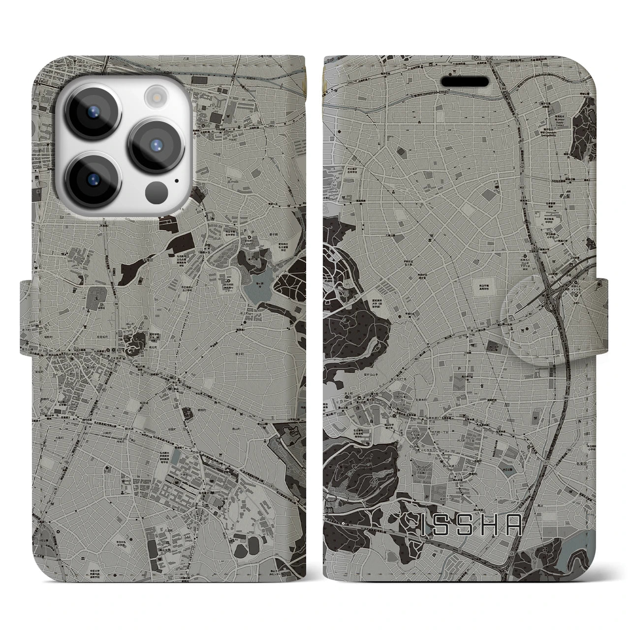 【一社(愛知県)】地図柄iPhoneケース(手帳タイプ)モノトーン・iPhone 14 Pro 用