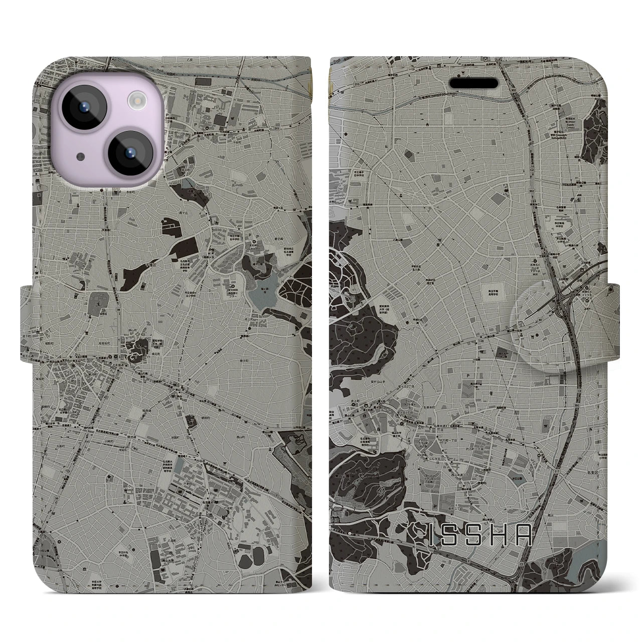 【一社(愛知県)】地図柄iPhoneケース(手帳タイプ)モノトーン・iPhone 14 用