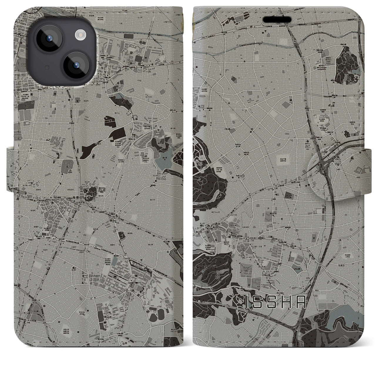 【一社(愛知県)】地図柄iPhoneケース(手帳タイプ)モノトーン・iPhone 14 Plus 用