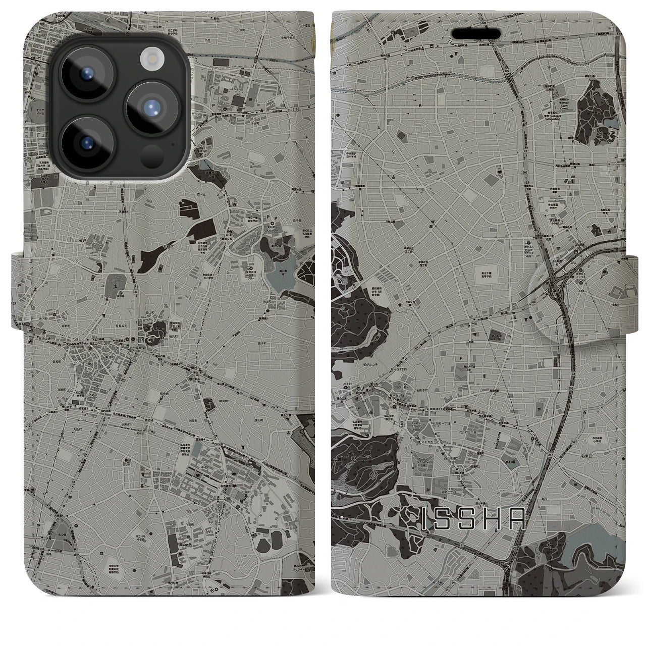 【一社(愛知県)】地図柄iPhoneケース(手帳タイプ)モノトーン・iPhone 15 Pro Max 用