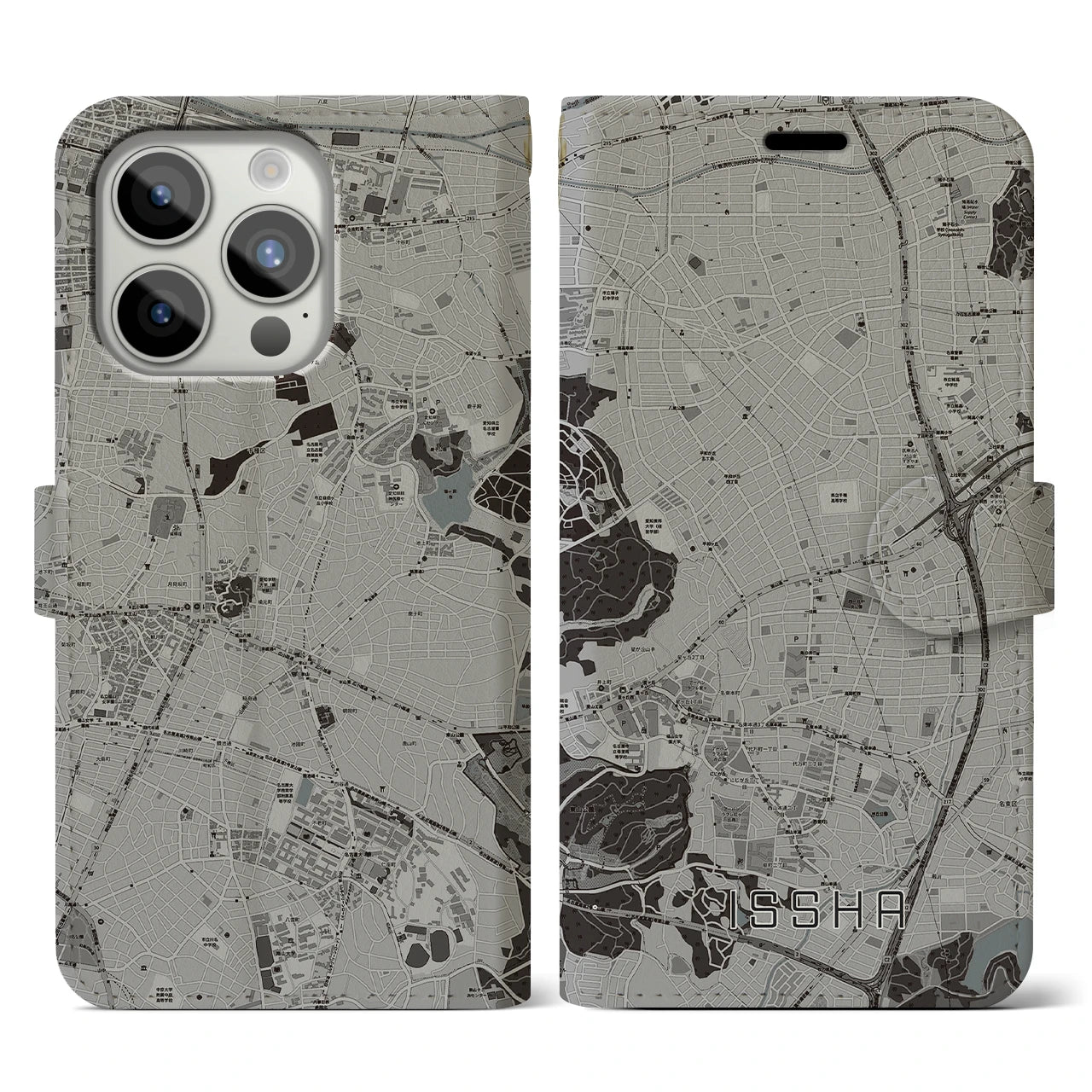 【一社(愛知県)】地図柄iPhoneケース(手帳タイプ)モノトーン・iPhone 15 Pro 用