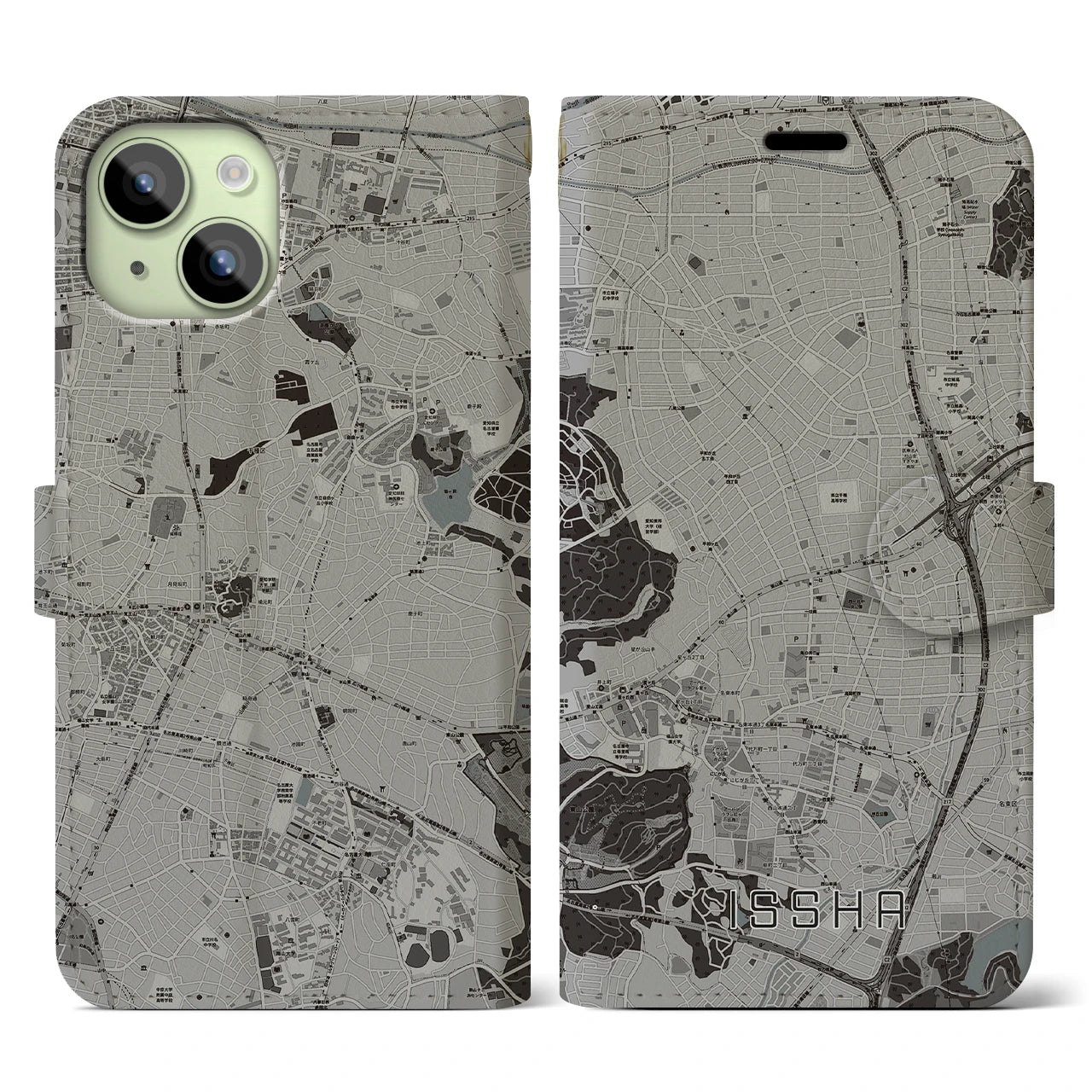 【一社(愛知県)】地図柄iPhoneケース(手帳タイプ)モノトーン・iPhone 15 用