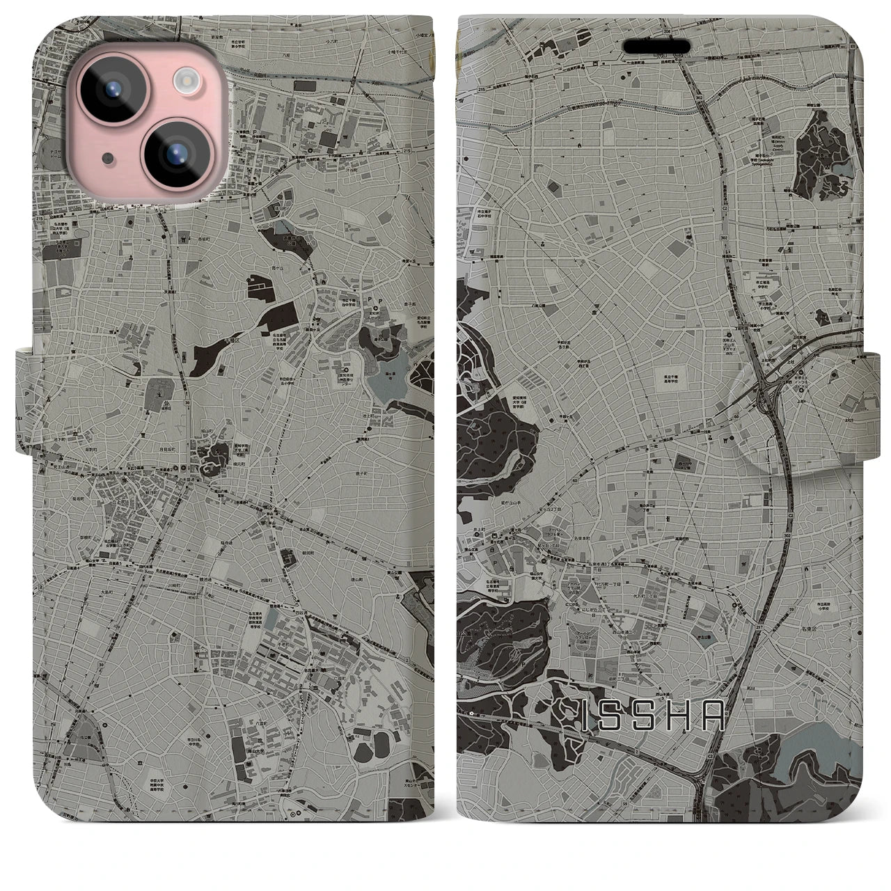 【一社(愛知県)】地図柄iPhoneケース(手帳タイプ)モノトーン・iPhone 15 Plus 用