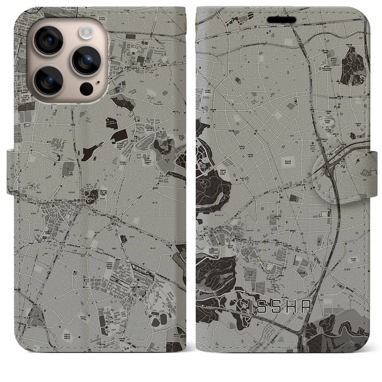 【一社(愛知県)】地図柄iPhoneケース(手帳タイプ)モノトーン・iPhone 16 Plus 用