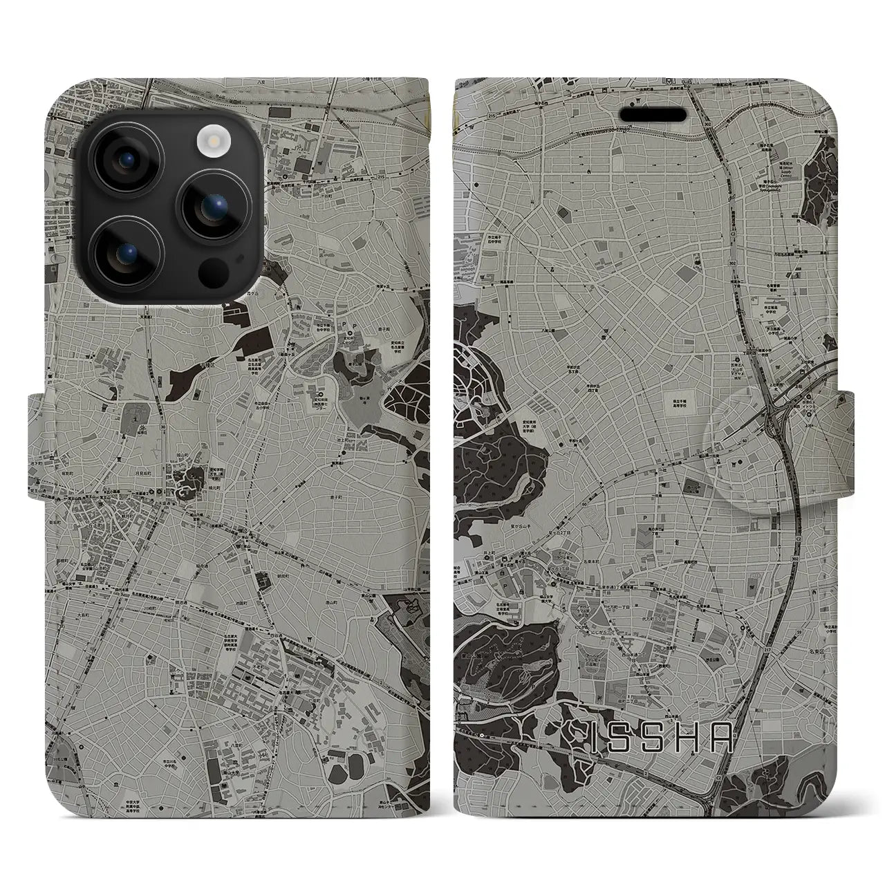 【一社(愛知県)】地図柄iPhoneケース(手帳タイプ)モノトーン・iPhone 16 用